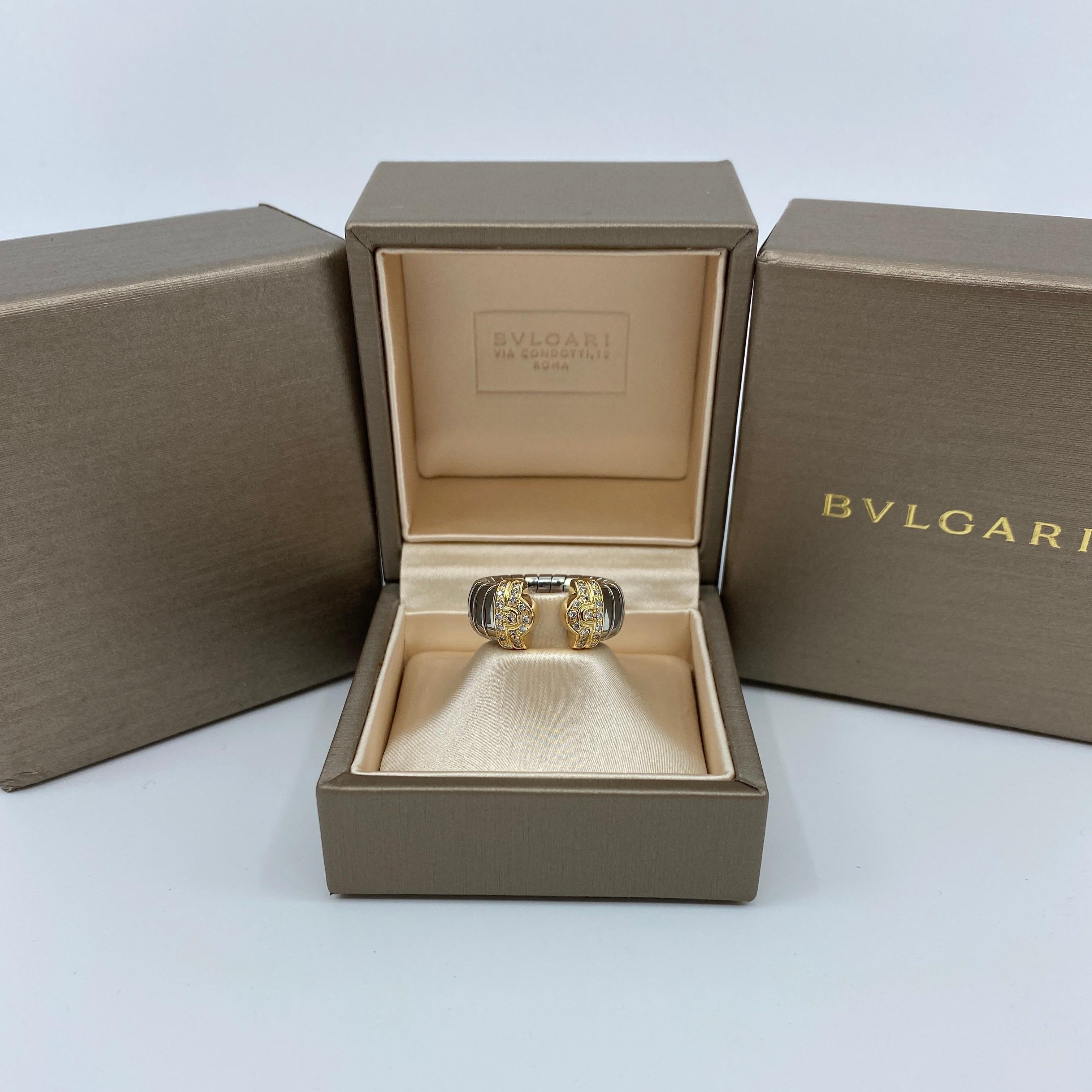 Women's or Men's Rare Vintage Bvlgari Diamond Parentesi Tubogas 18 Karat Gold & Steel Spring Ring