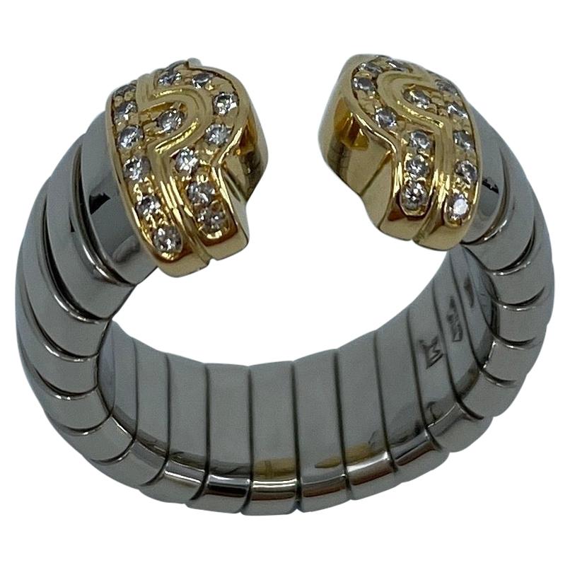 Rare Vintage Bvlgari Diamond Parentesi Tubogas 18 Karat Gold & Steel Spring Ring