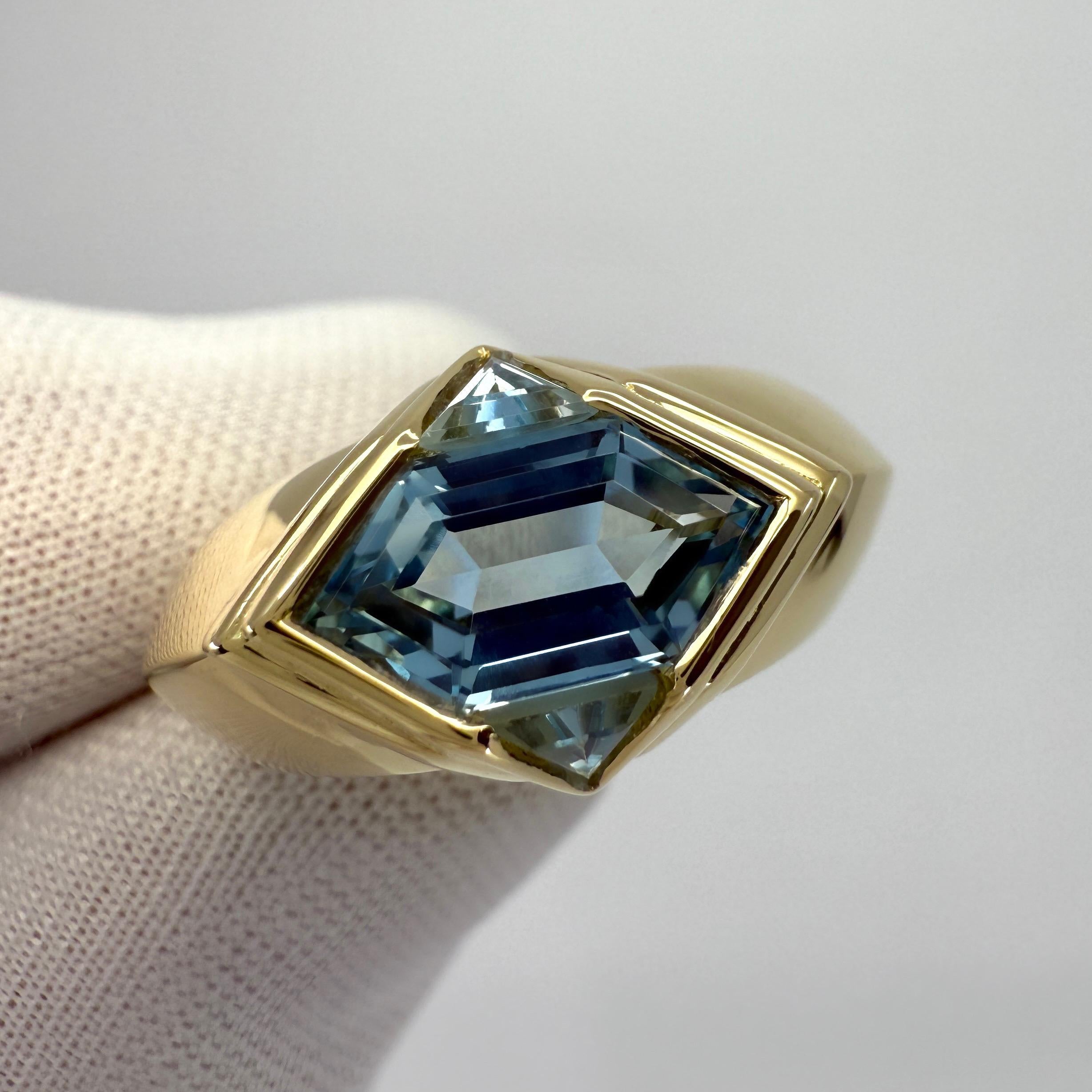 Rare Vintage Bvlgari Fancy Blue Topaz 18k Yellow Gold Signet Bezel Rubover Ring 5