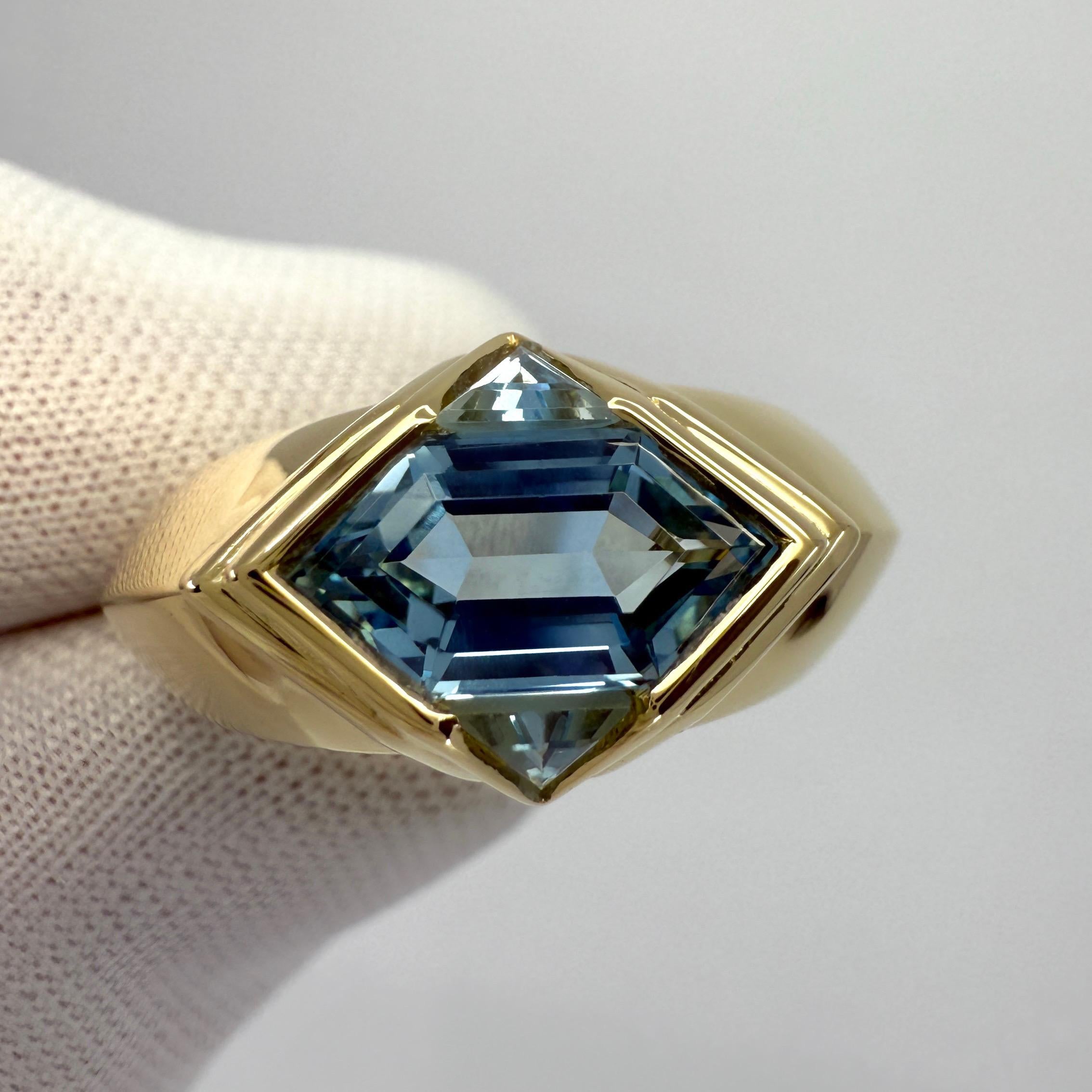 Hexagon Cut Rare Vintage Bvlgari Fancy Blue Topaz 18k Yellow Gold Signet Bezel Rubover Ring
