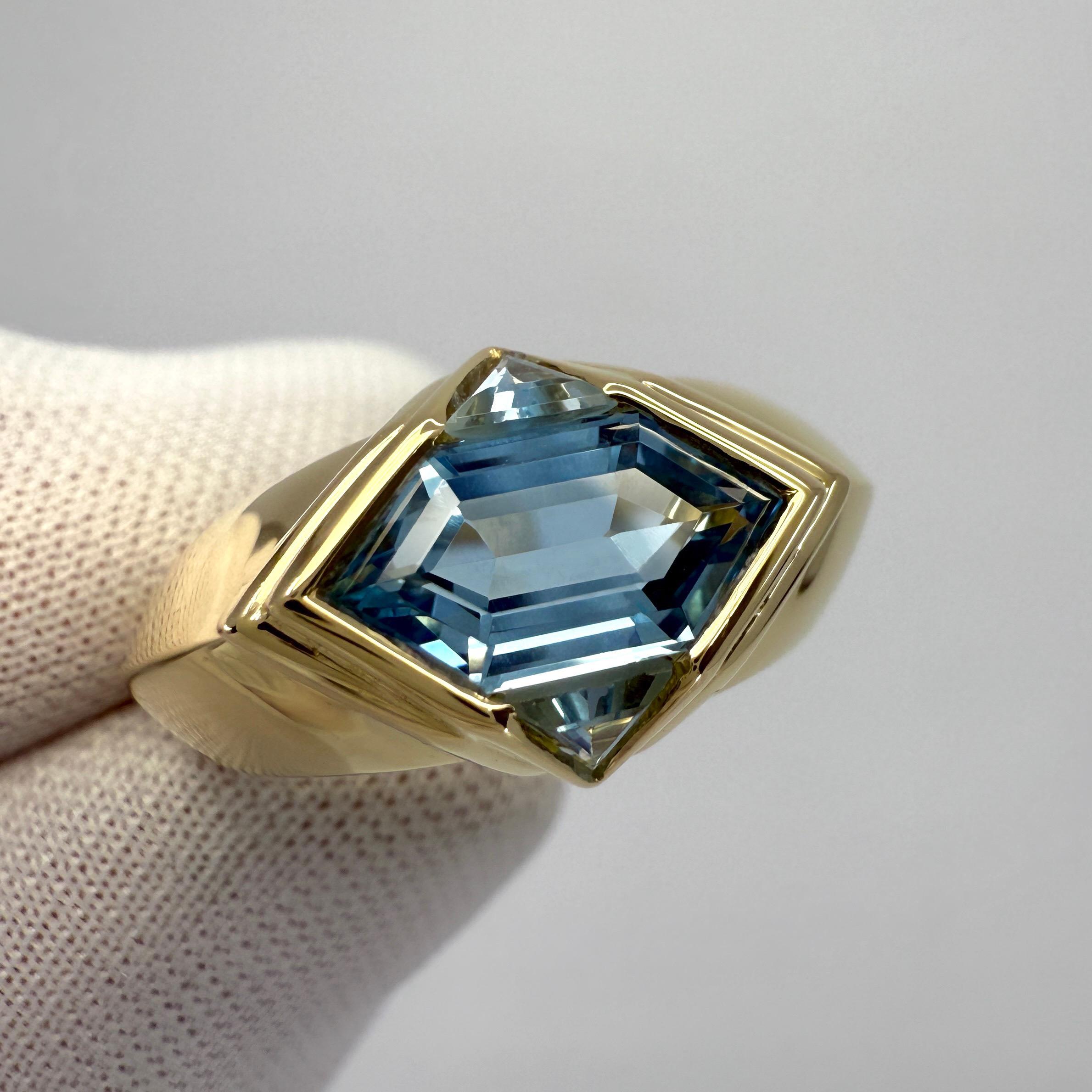 Women's or Men's Rare Vintage Bvlgari Fancy Blue Topaz 18k Yellow Gold Signet Bezel Rubover Ring