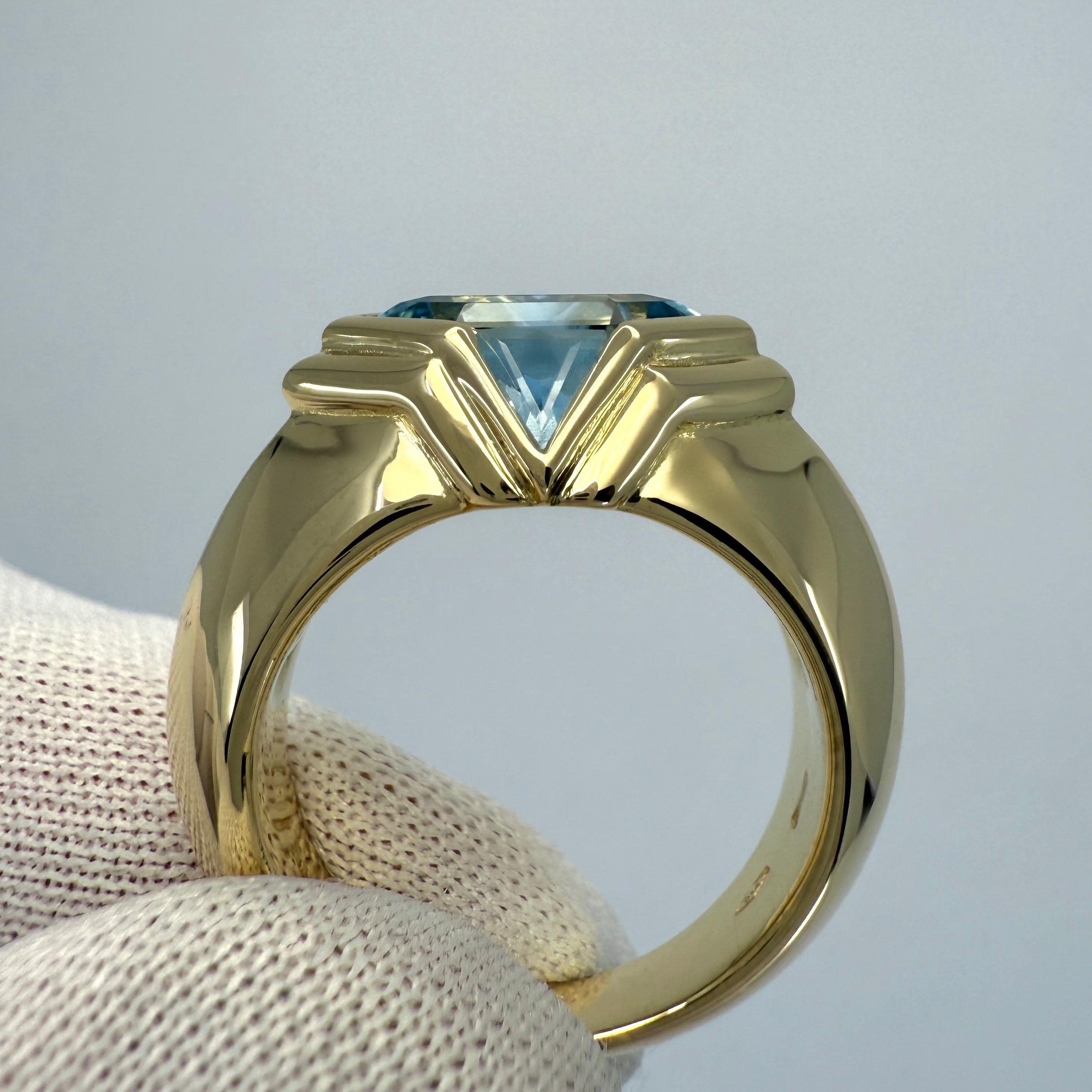 Rare Vintage Bvlgari Fancy Blue Topaz 18k Yellow Gold Signet Bezel Rubover Ring 1