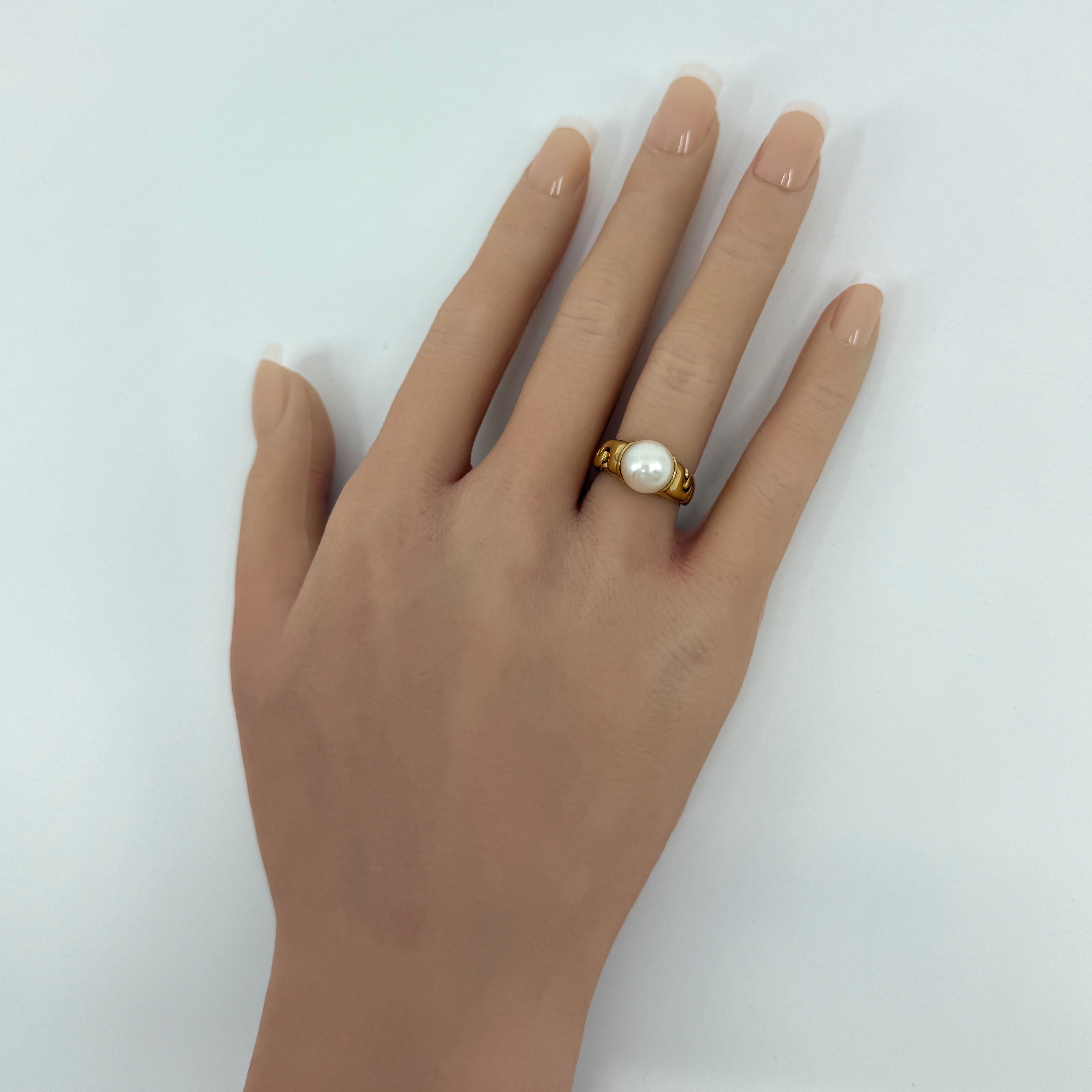 da uomo o donna Raro anello vintage Bvlgari Passo Doppio 9mm con perla bianca e oro giallo 18k EU49 in vendita