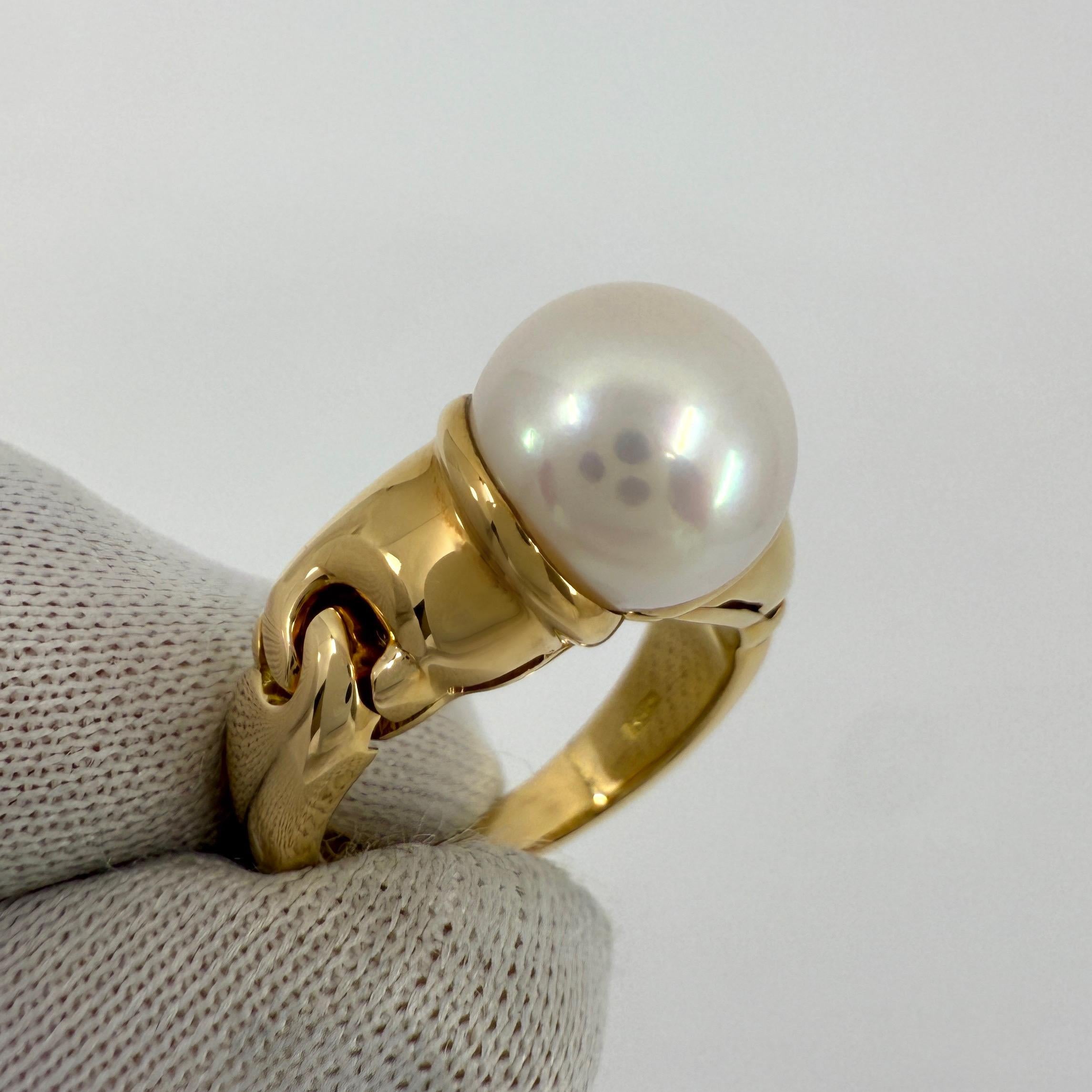 Raro anello vintage Bvlgari Passo Doppio 9mm con perla bianca e oro giallo 18k EU49 in vendita 1