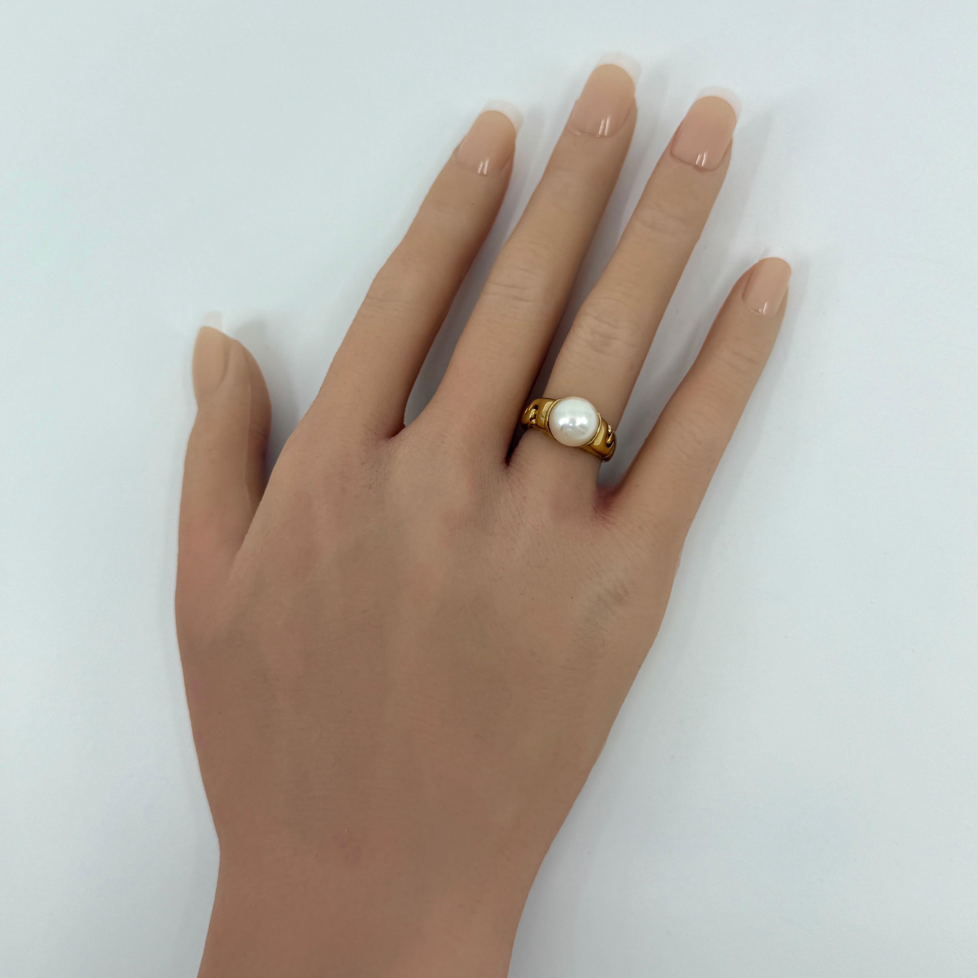 Raro anello vintage Bvlgari Passo Doppio 9mm con perla bianca e oro giallo 18k EU49 in vendita 4