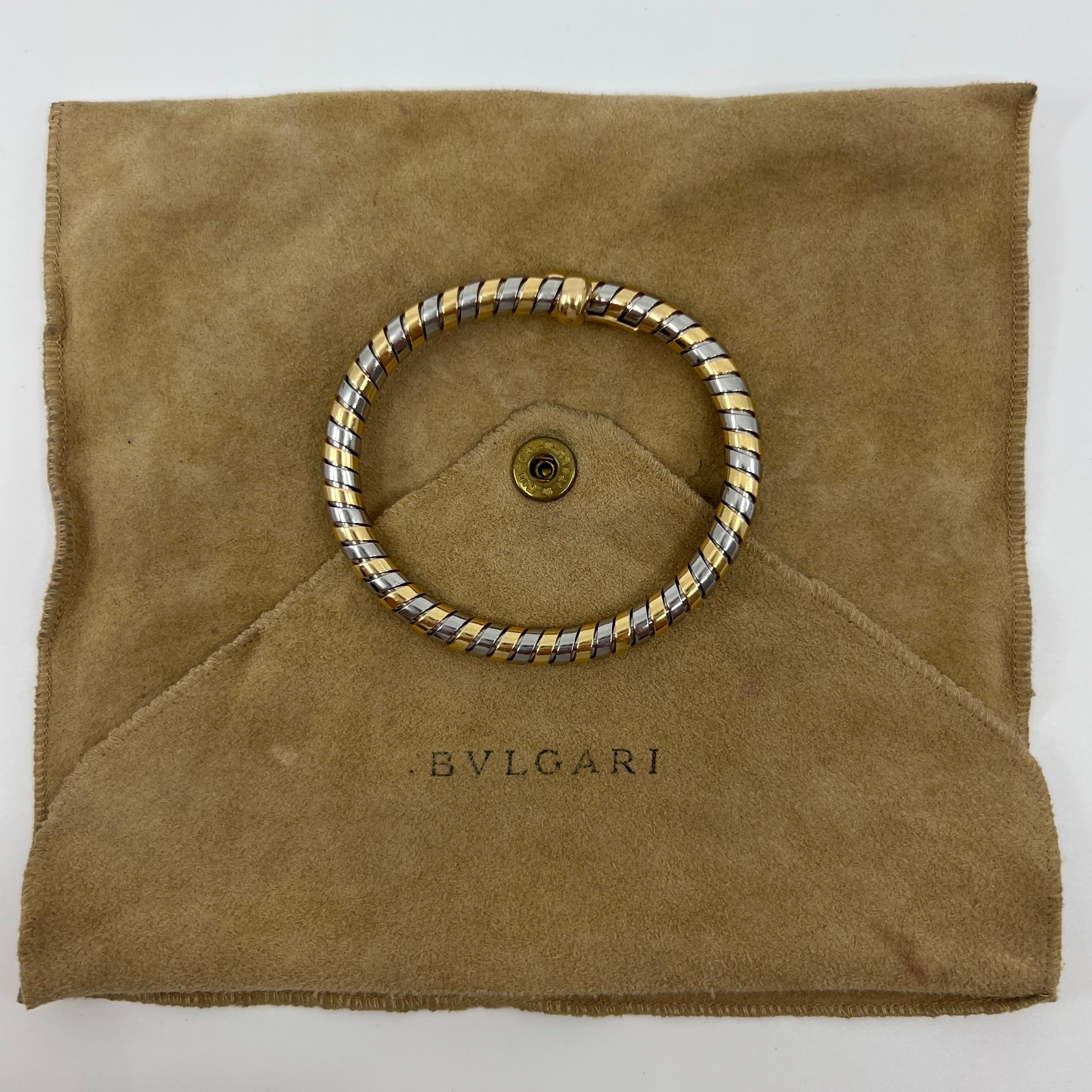 Very Rare Vintage Bvlgari Tubogas 18k Yellow Gold & Stainless Steel Bracelet.

Stunning Bvlgari bracelet with signature Tubogas Parentesi style. The origins of the Serpenti collection from Bvlgari.
This bracelet has a stainless steel flexible body