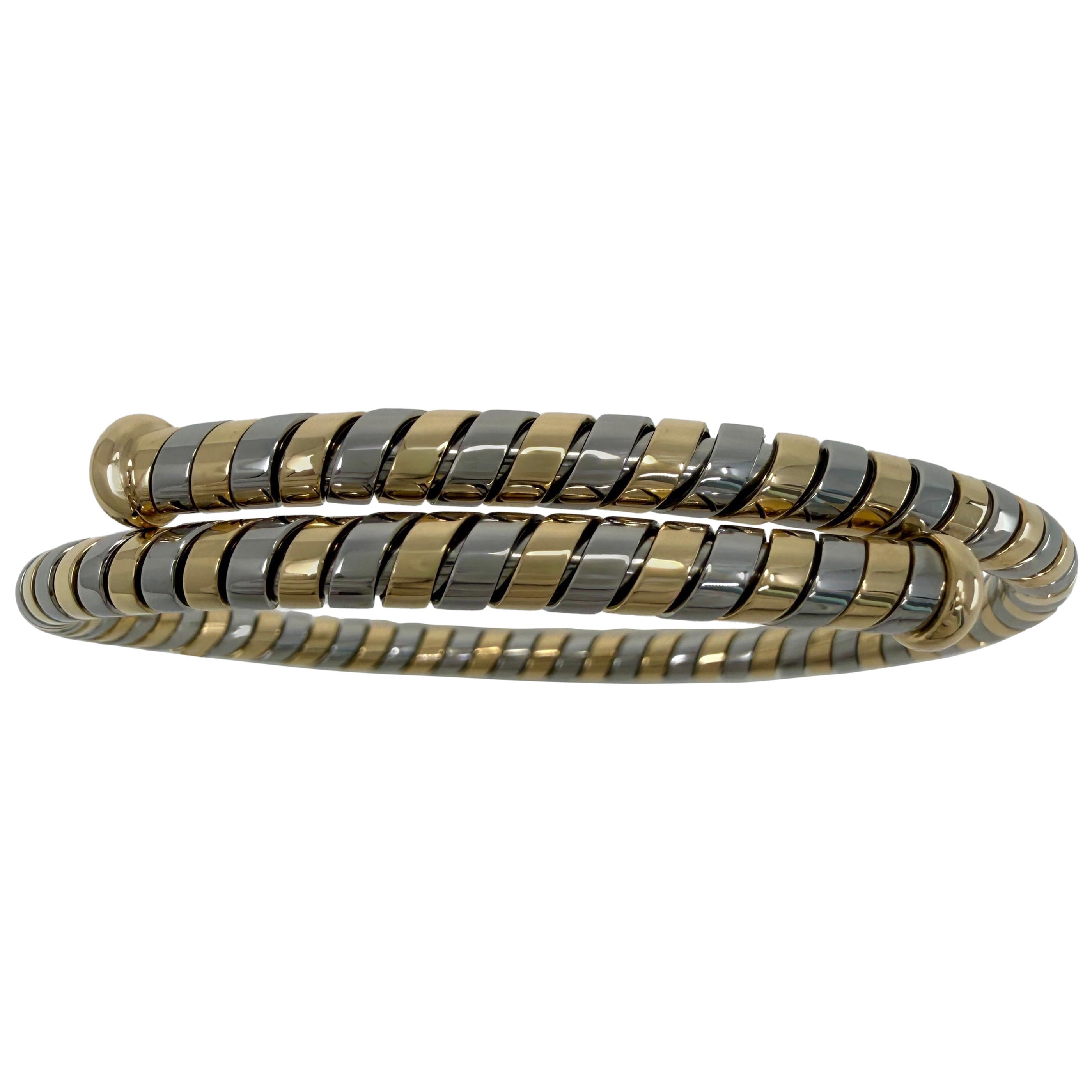 Raro bracciale Tubogas Parentesi Serpenti vintage di Bvlgari in oro 18 carati e acciaio