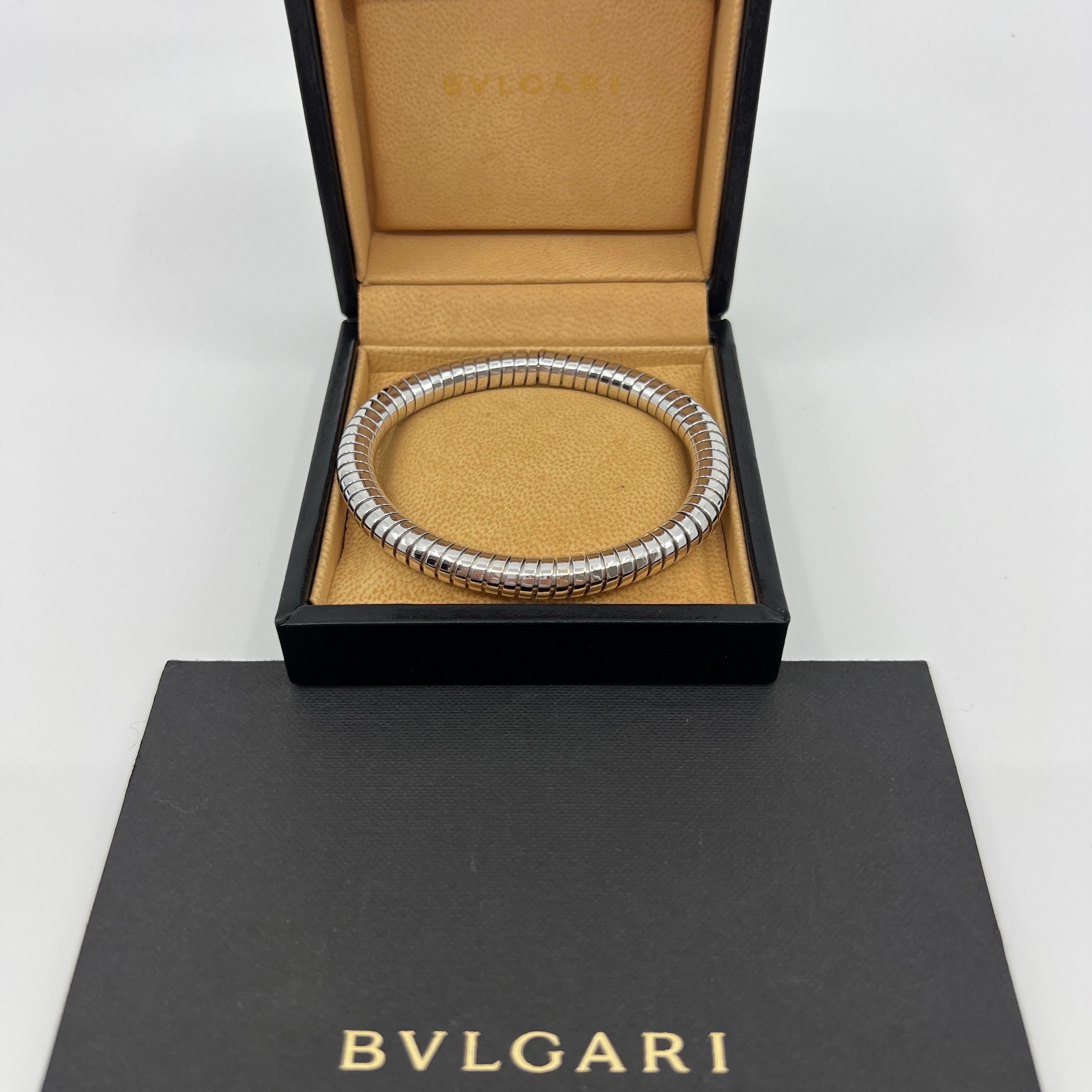 Very Rare Vintage Bvlgari Tubogas 18k White Gold Bracelet Bangle

Stunning Bvlgari bracelet with signature Tubogas Parentesi style. The origins of the Serpenti collection from Bvlgari.
This bracelet has a solid white gold flexible body (including