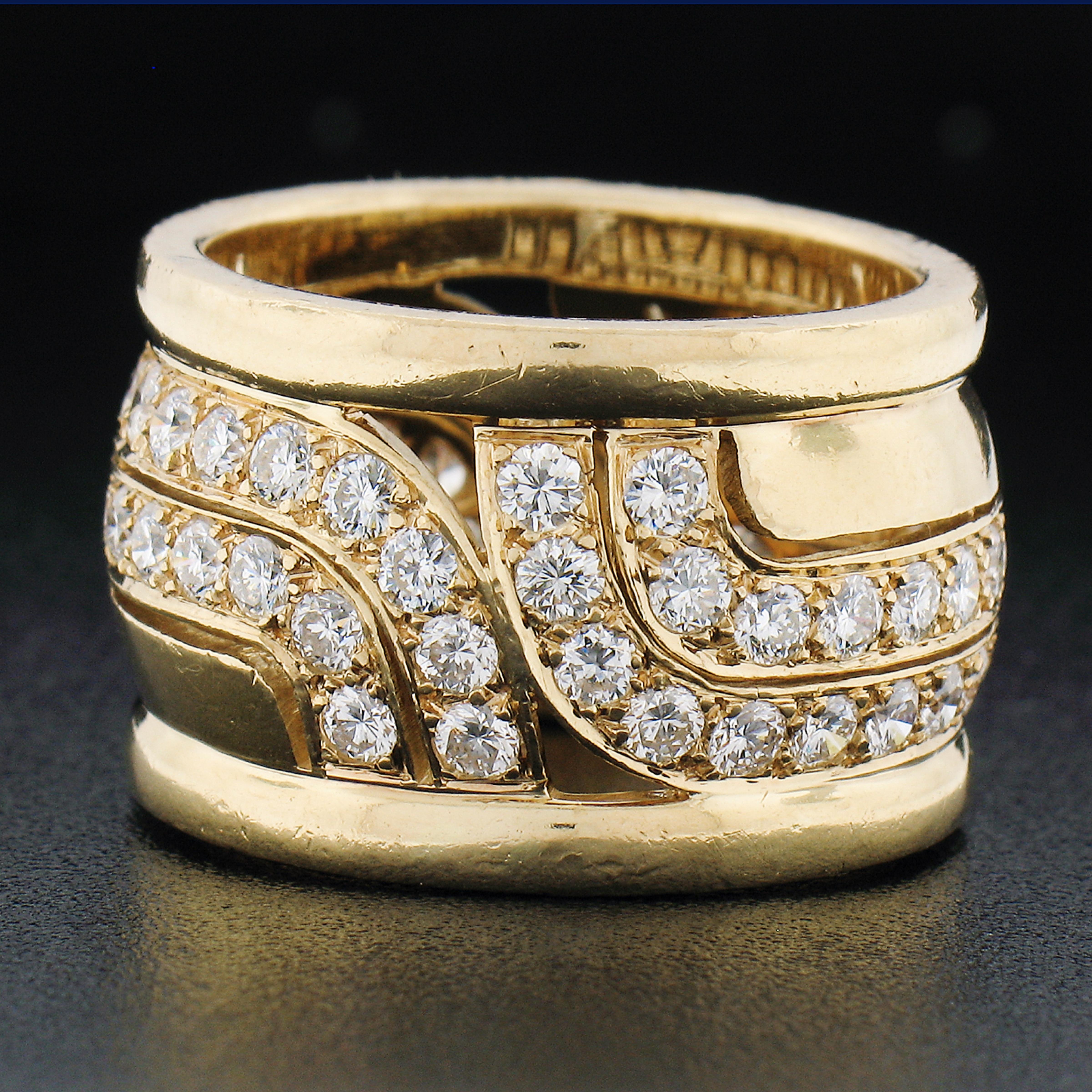 Round Cut Rare Vintage Cartier 18k Yellow Gold 2.10ctw Diamond Wide Band Ring For Sale