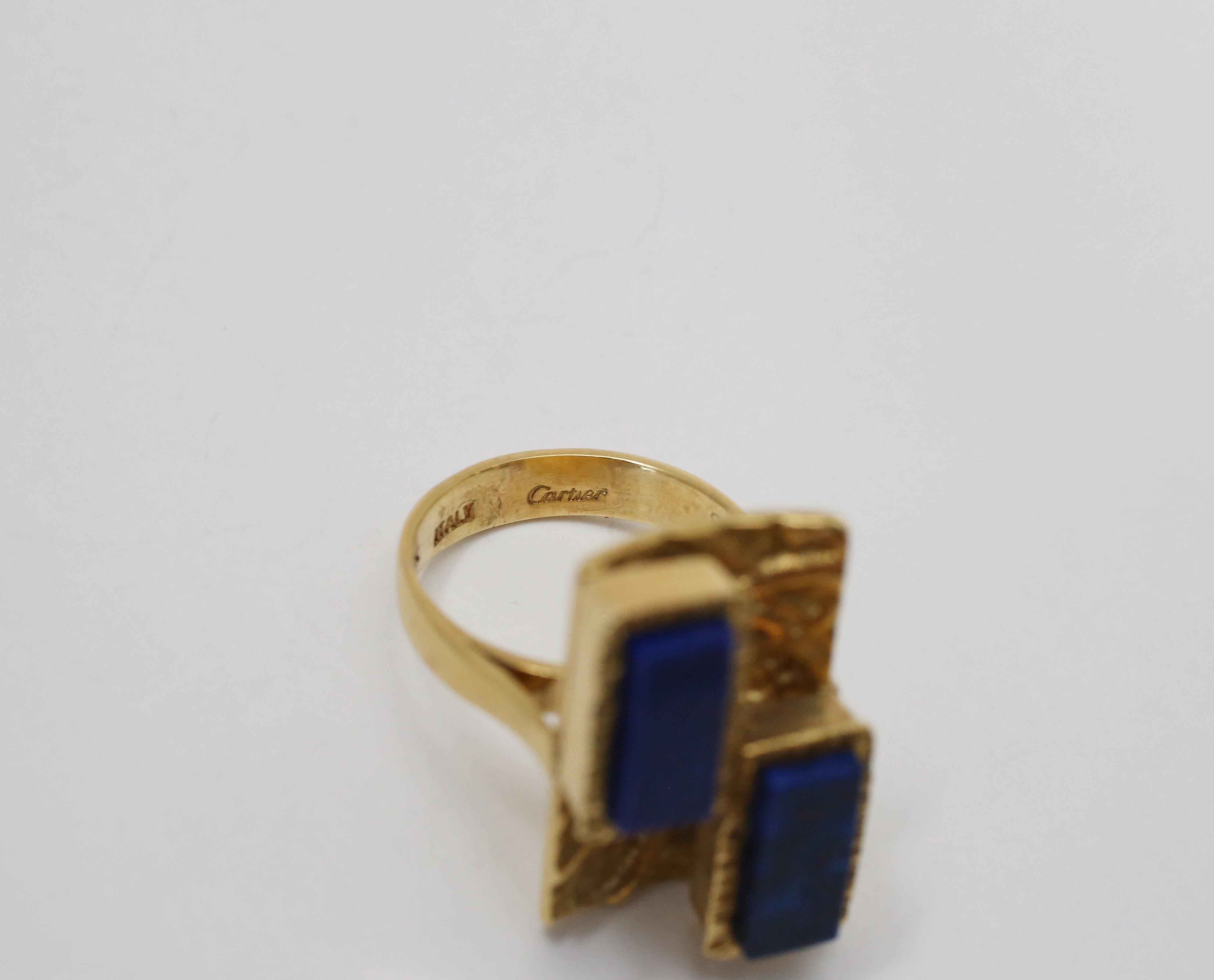 Vintage Cartier 18k Yellow Gold Geometric Lapis Lazuli Ring, Size 4.5 - 10.8g For Sale 4