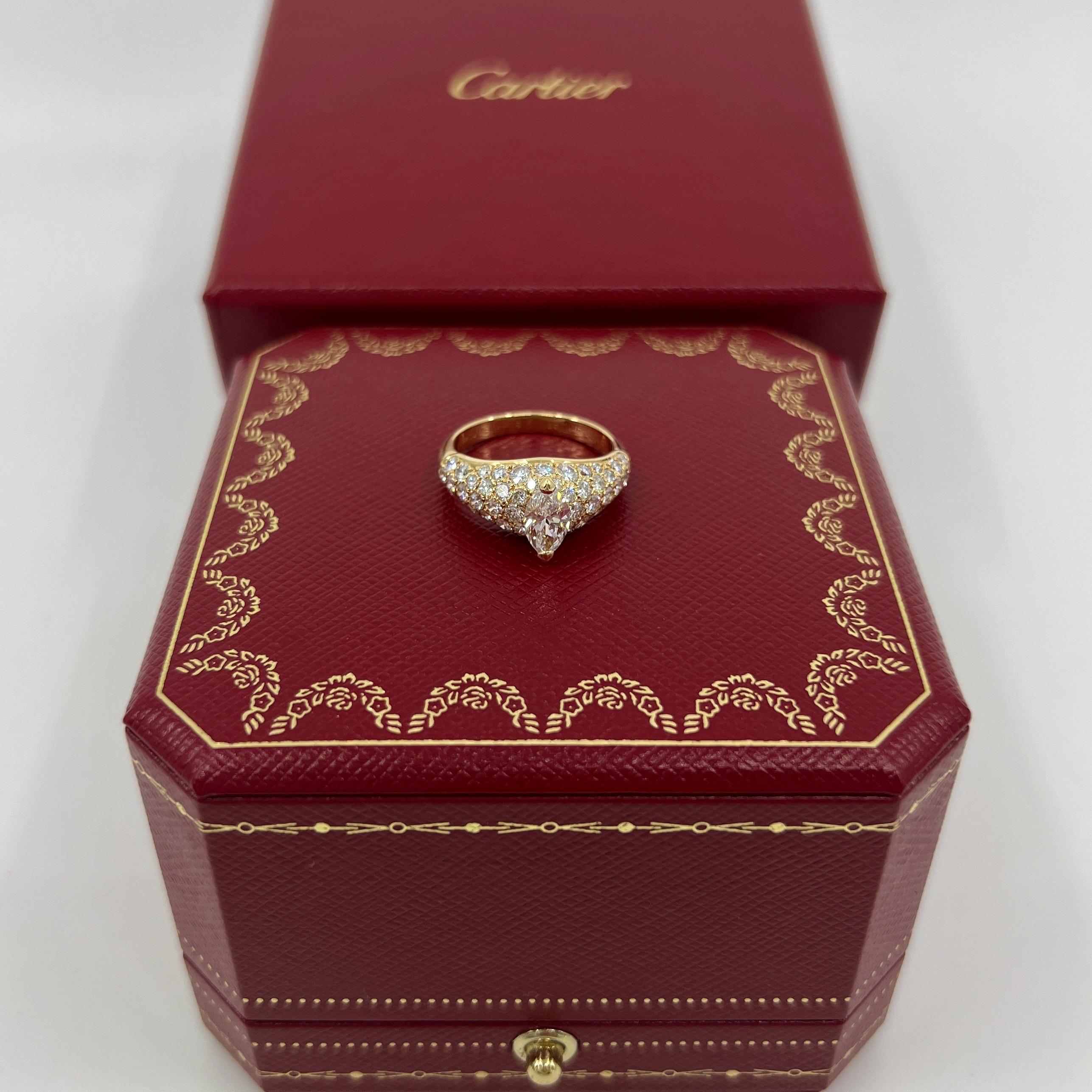 Marquise Cut Rare Vintage Cartier 2 Carat Marquise & Pave Diamond 18k Yellow Gold Ring 55