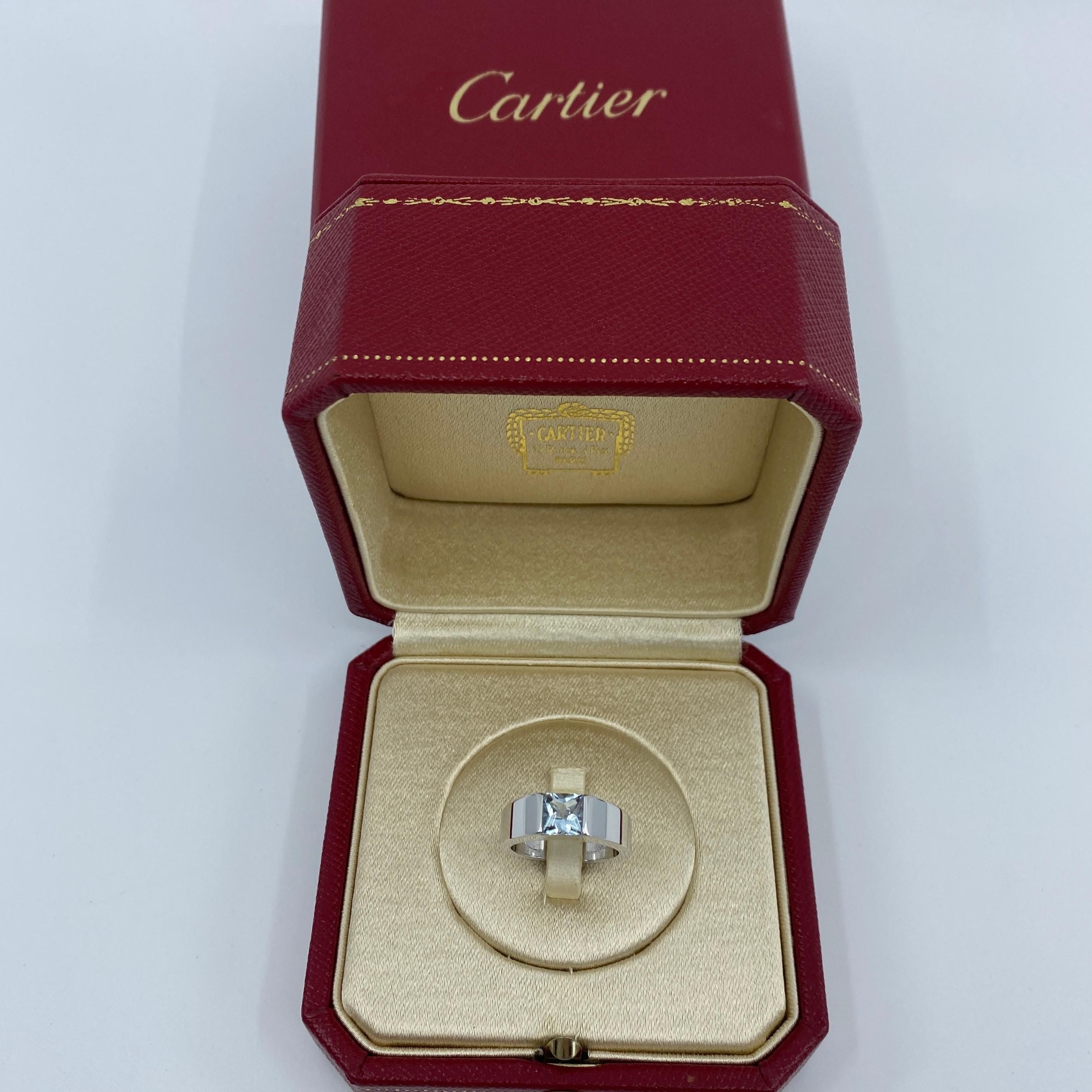 Rare Vintage Cartier Blue Aquamarine Square Cushion Cut 18k White Gold Tank Ring 8