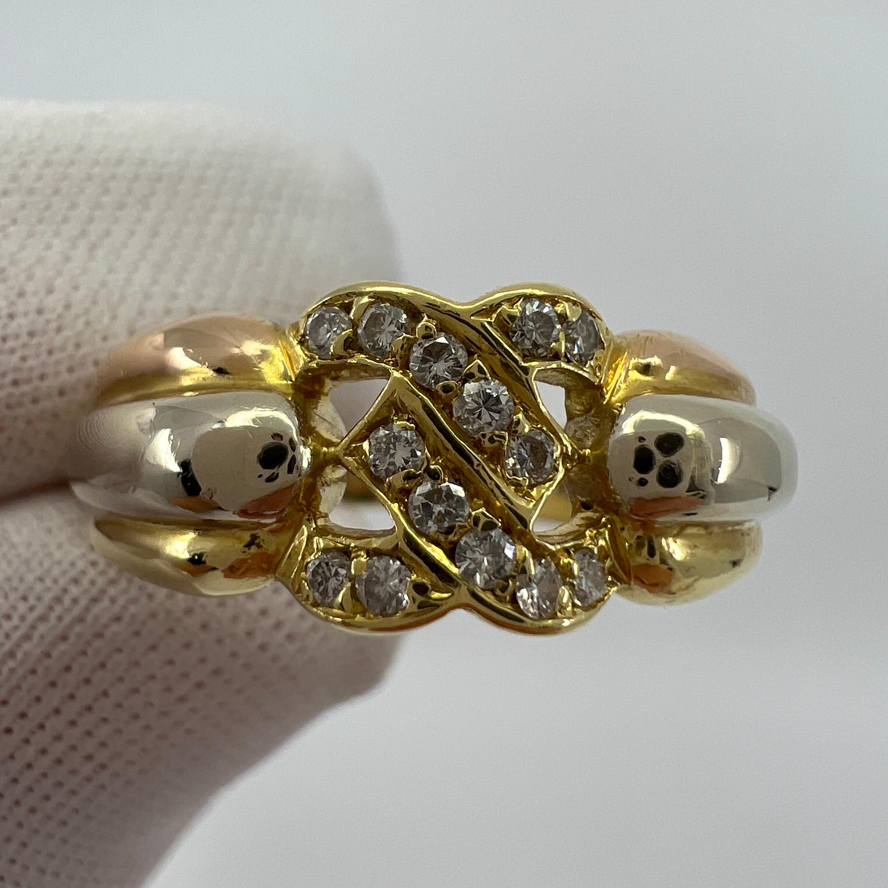 Rare Vintage Cartier C Diamond Tri Colour 18k Gold Cluster Ring with Box In Good Condition For Sale In Birmingham, GB