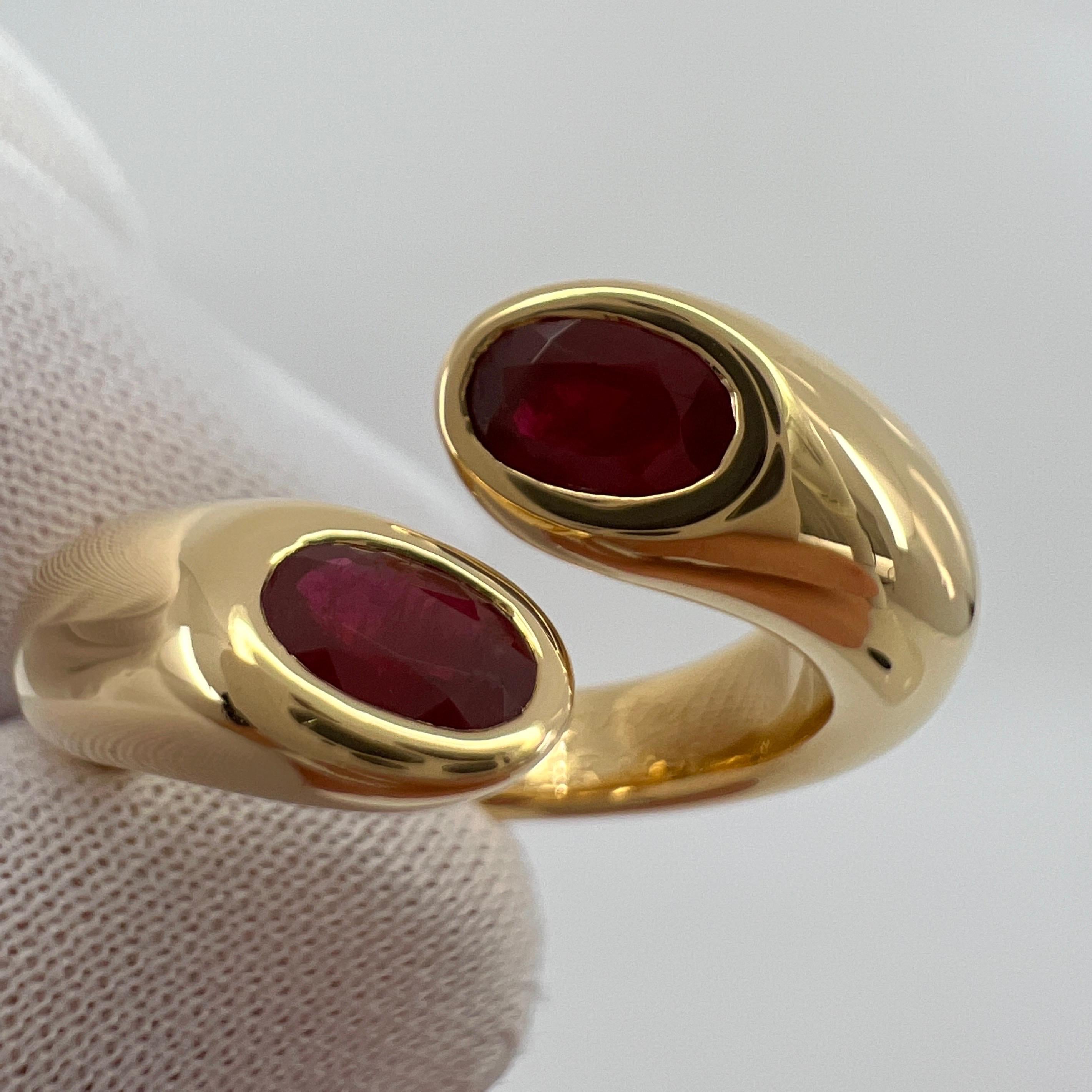 Vintage Cartier Deep Red Ruby 18k Yellow Gold Bypass Ring.

Stunning yellow gold ring set with 2 fine deep red oval cut rubies. Fine jewellery houses like Cartier only use the finest of gemstones and these rubies are no exception.

Two excellent