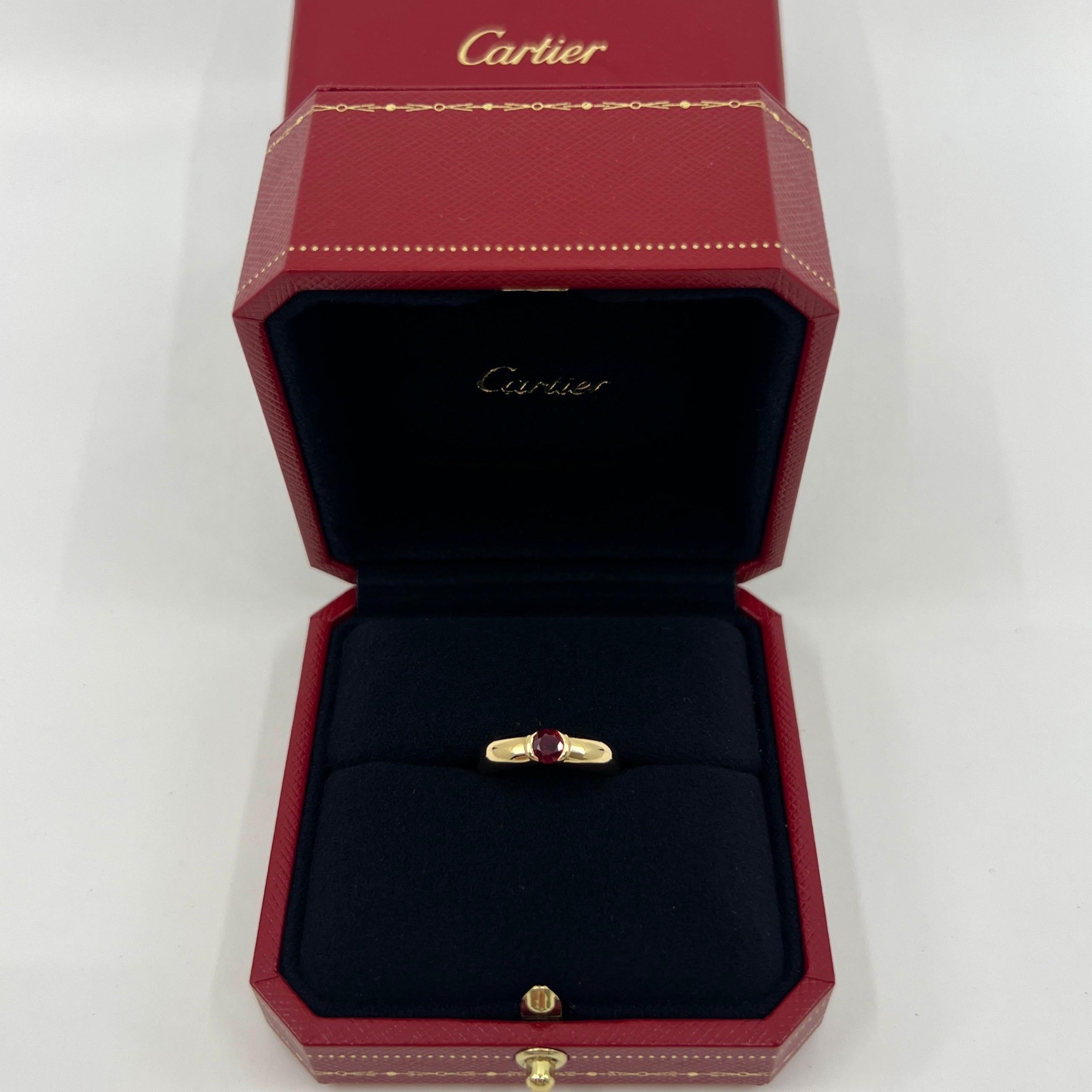 Rare Vintage Cartier Round Cut Deep Red Ruby 18k Yellow Gold Solitaire Ring.

Stunning yellow gold Cartier ring set with a round cut deep red ruby. Fine jewellery houses like Cartier only use the finest of gemstones and this ruby is no exception. An