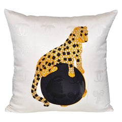 Rare Vintage Cartier Diamond Jewelry Panther Scarf Cushion Pillow Black Gold