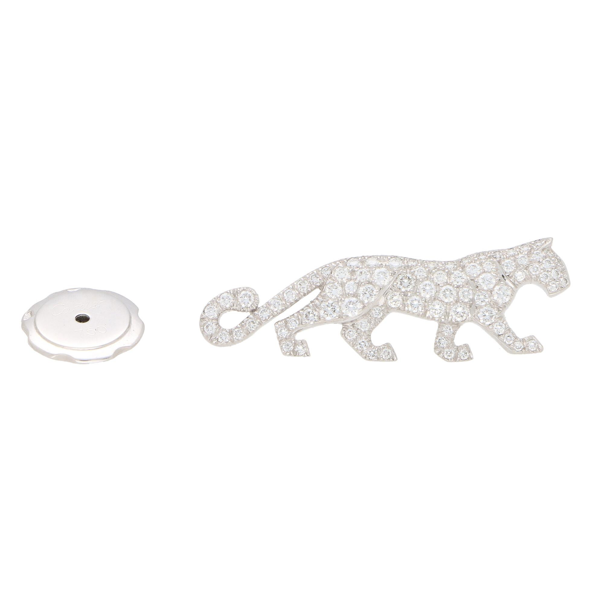 Round Cut Rare Vintage Cartier Diamond Panther Pin Brooch in 18k White Gold