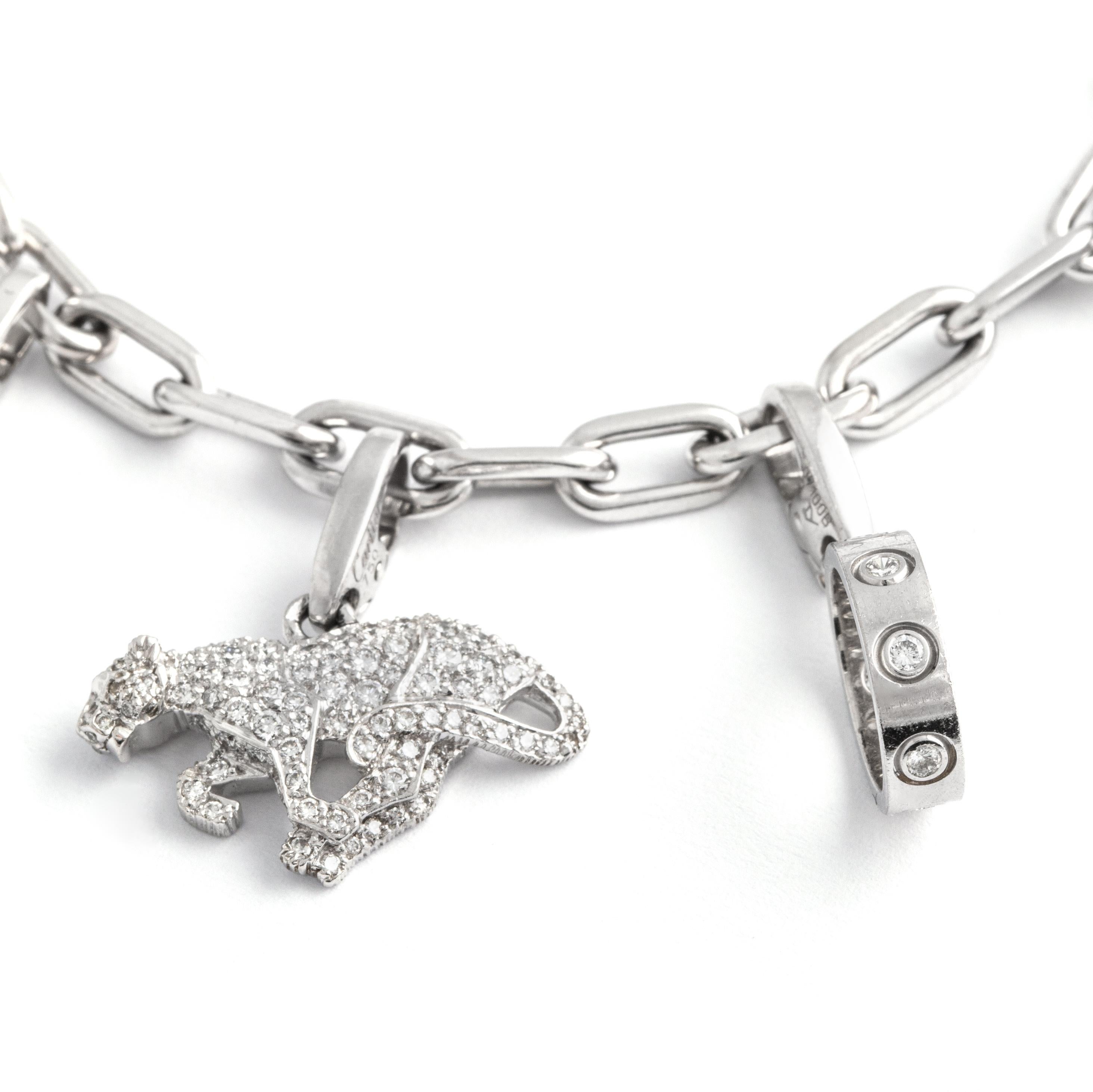Women's or Men's Rare Cartier Diamond Set Charm Bracelet White Gold 18K For Sale