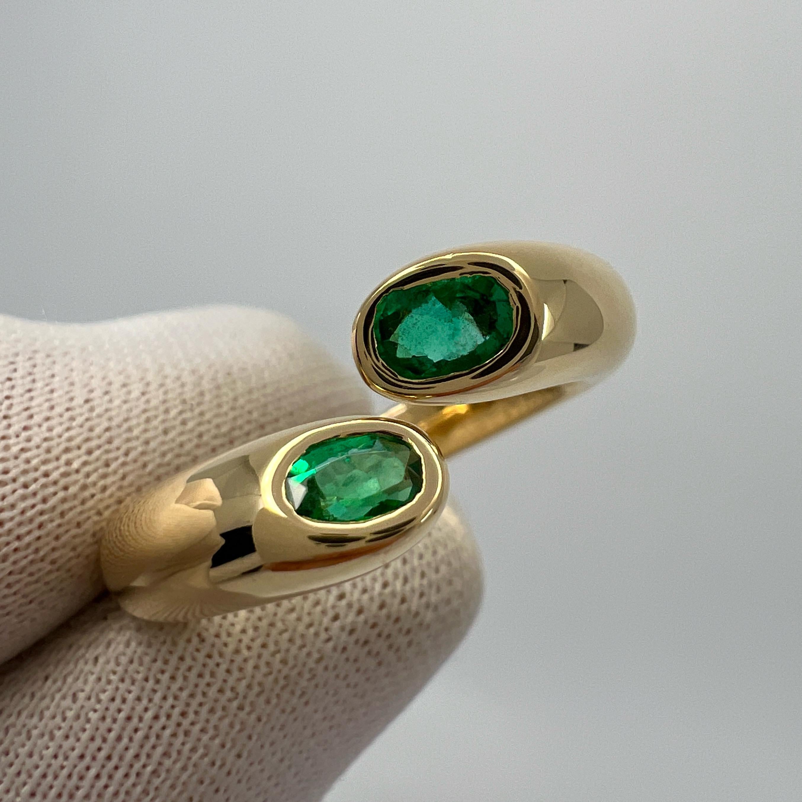 Rare Vintage Cartier Vivid Green Emerald 18k Yellow Gold Bypass Ring.

Stunning yellow gold ring set with 2 fine vivid green oval cut emeralds. Fine jewellery houses like Cartier only use the finest of gemstones and these emeralds are no