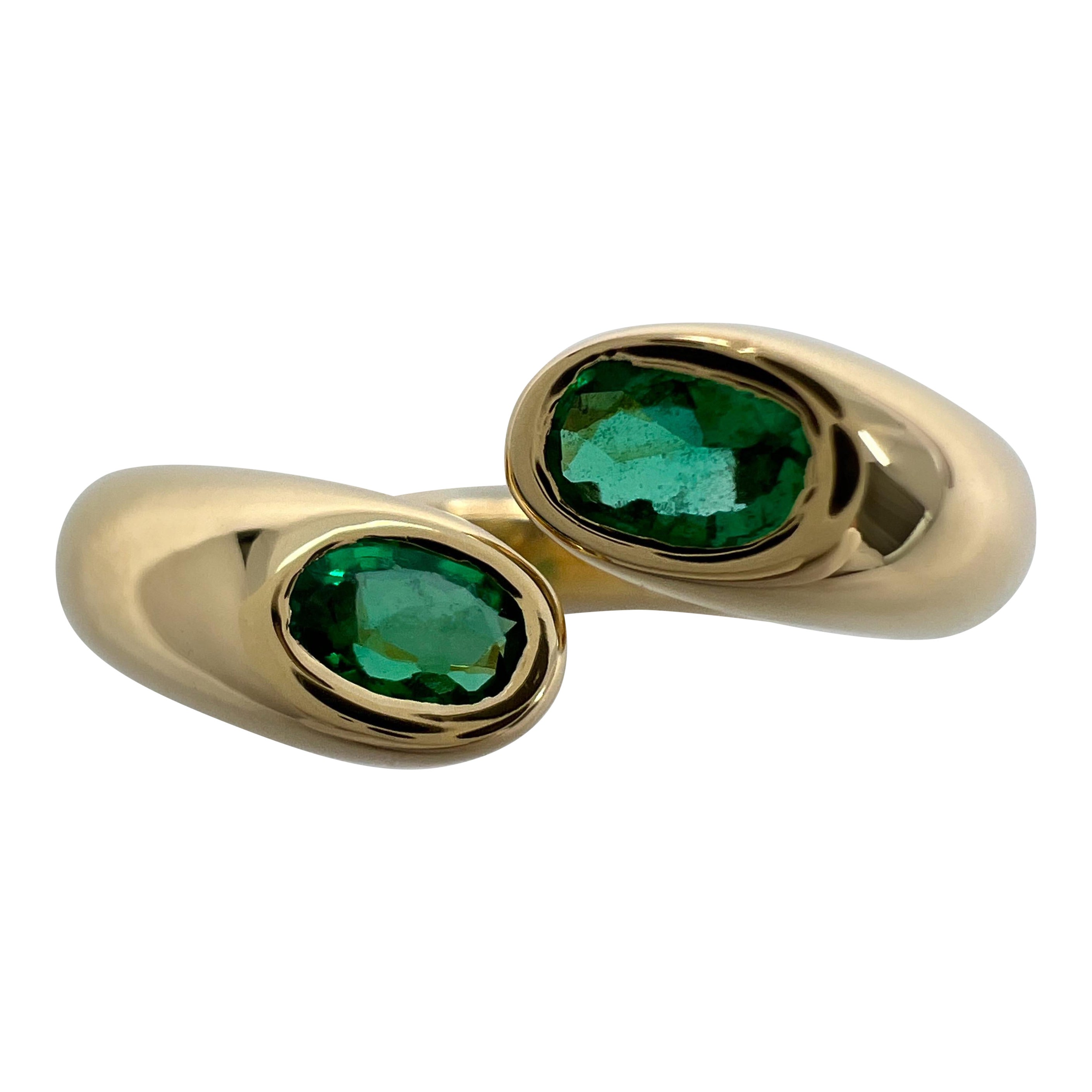 Rare Vintage Cartier Green Emerald Ellipse Oval Cut 18k Gold Bypass Split Ring 7
