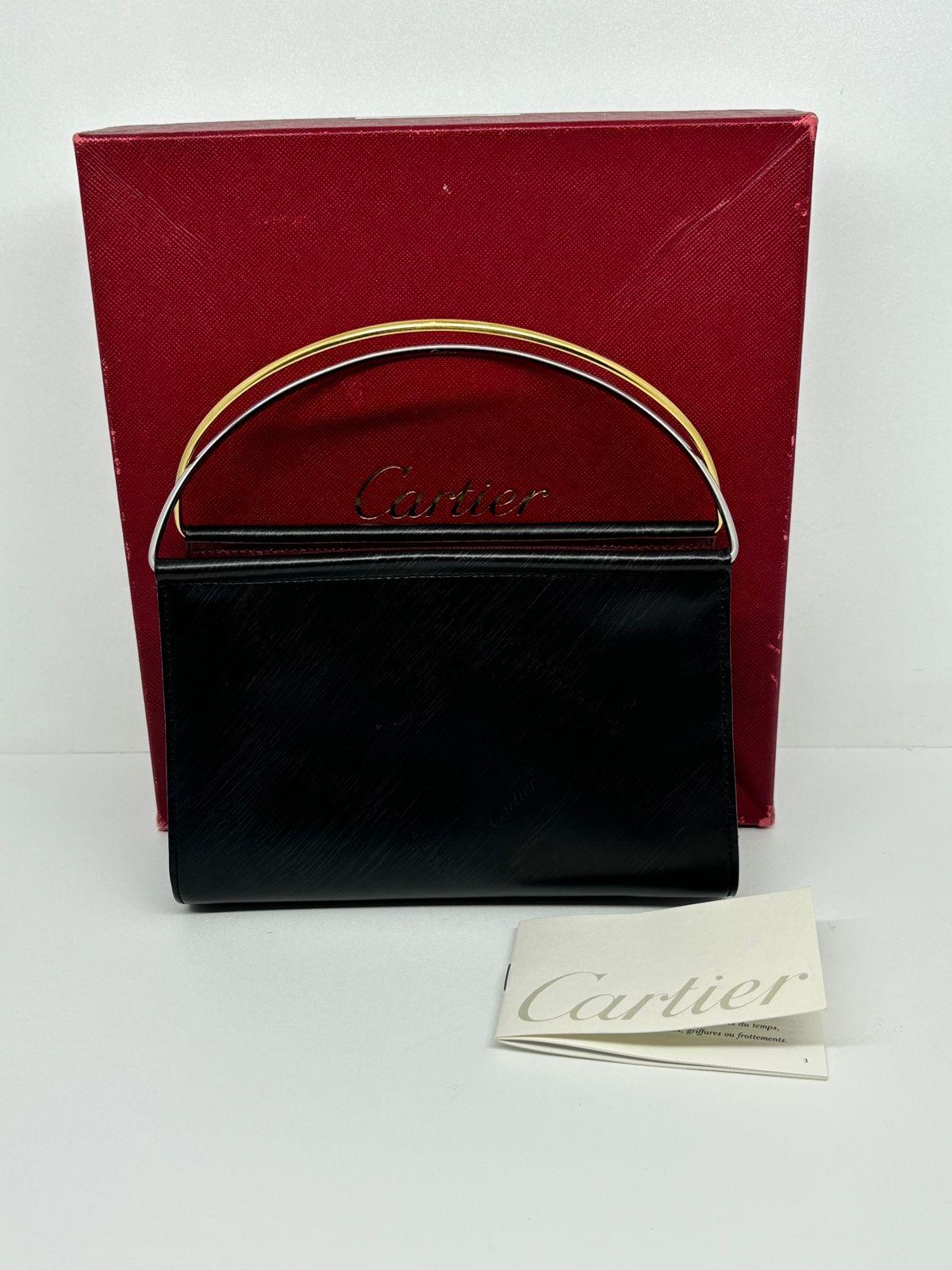Rare Vintage Cartier Mini Trinity Black Leather Zip Metal Handle Purse For Sale 7