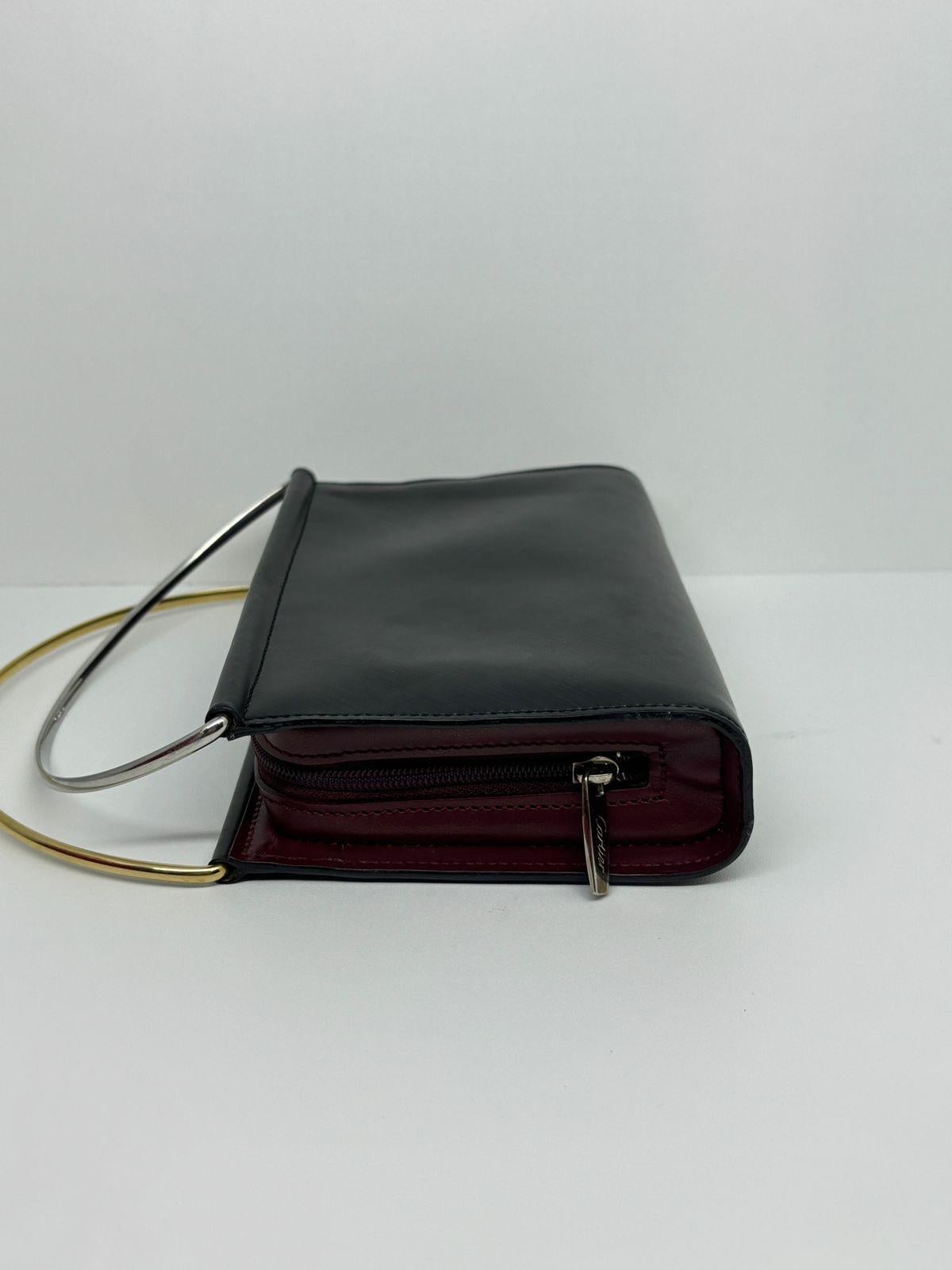 Rare Vintage Cartier Mini Trinity Black Leather Zip Metal Handle Purse For Sale 1