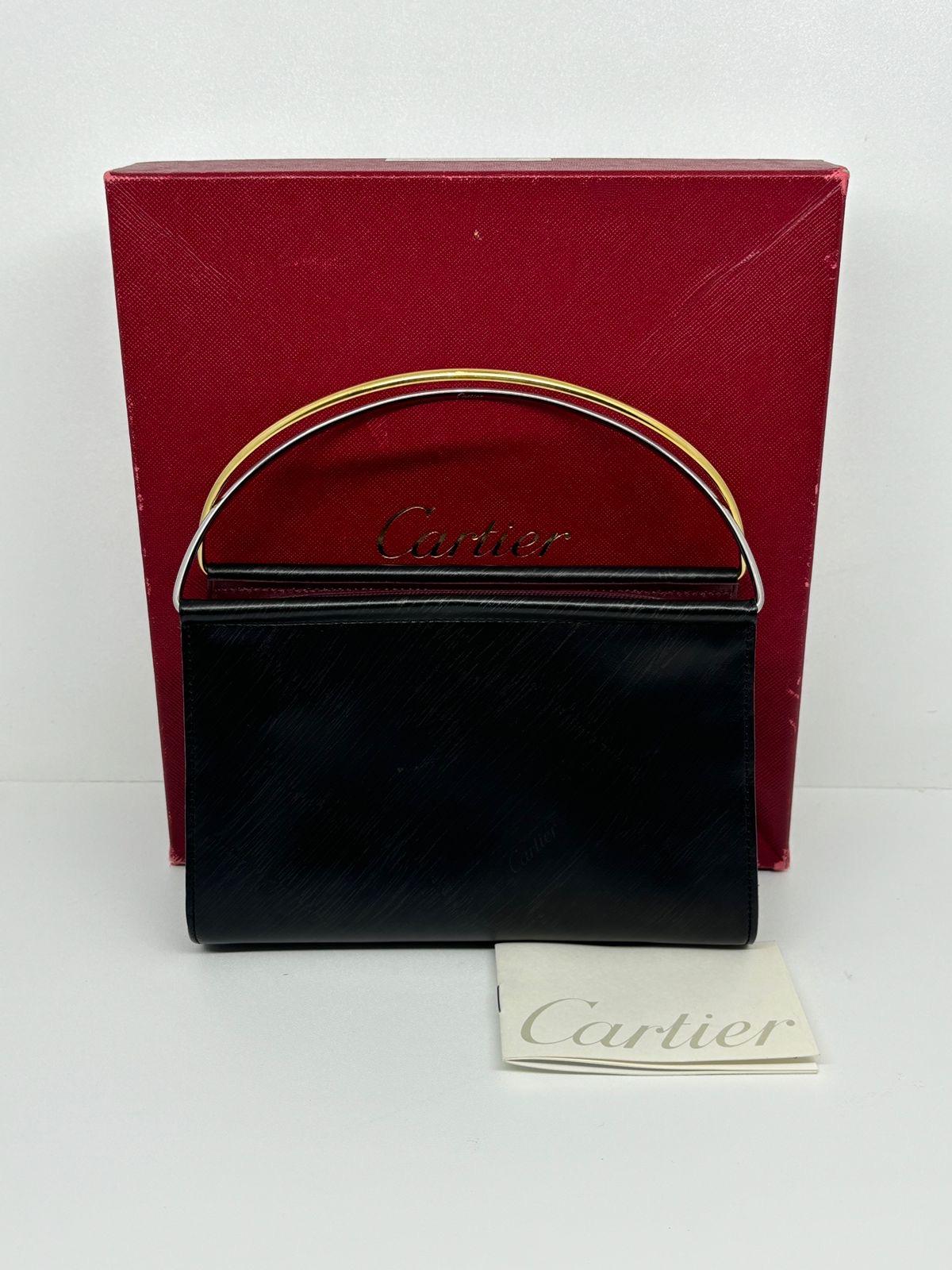 Rare Vintage Cartier Mini Trinity Black Leather Zip Metal Handle Purse For Sale 3