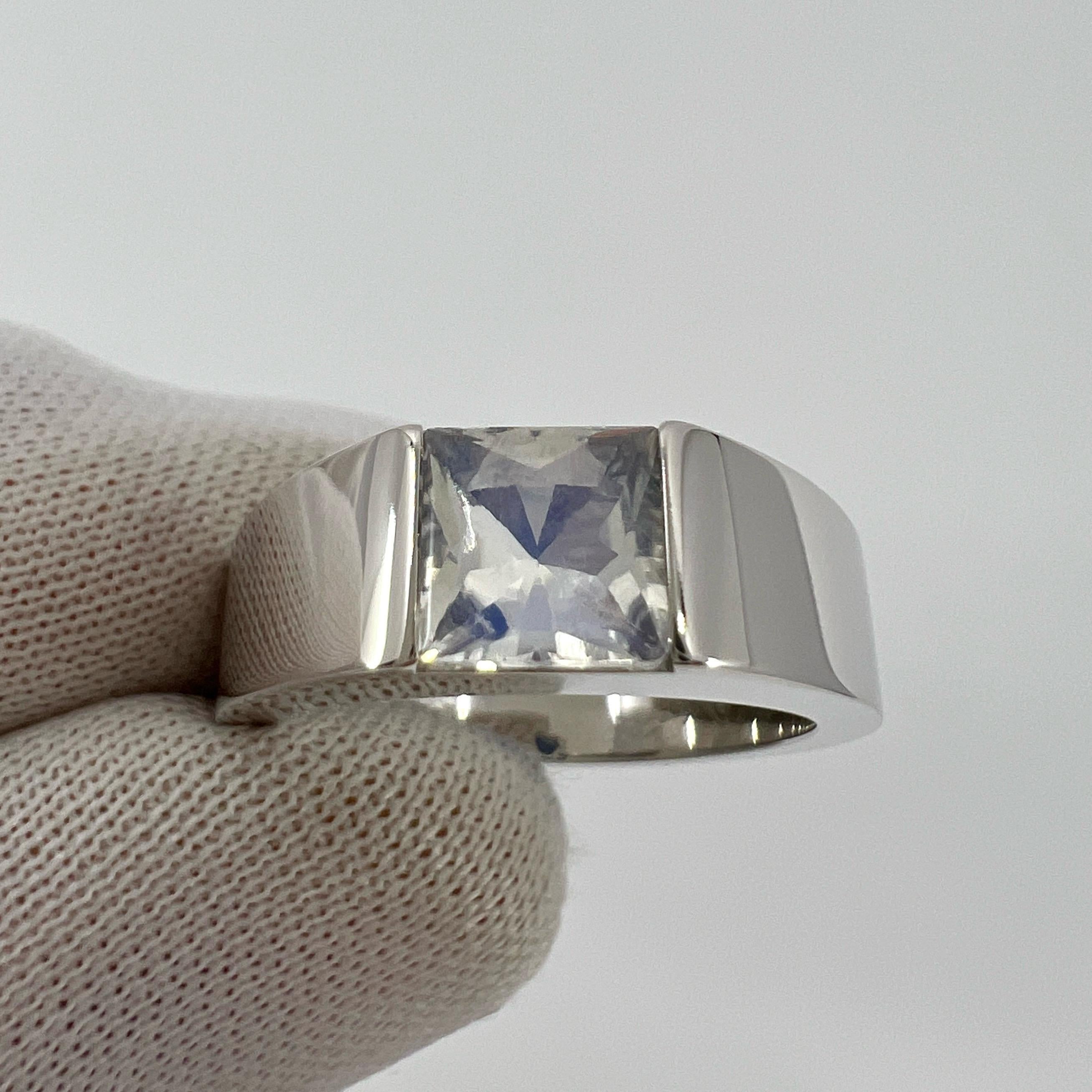 Rare Vintage Cartier Moonstone Square Cushion Cut 18k White Gold Tank Ring 5.5 In Excellent Condition In Birmingham, GB