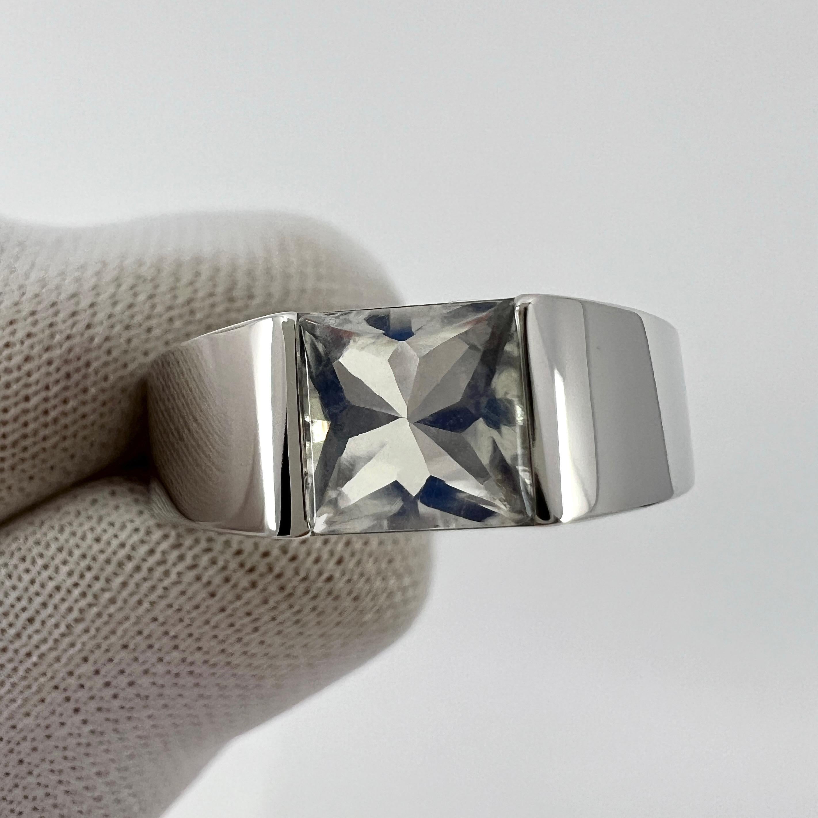 Women's or Men's Rare Vintage Cartier Moonstone Square Cushion Cut 18k White Gold Tank Ring 5.5