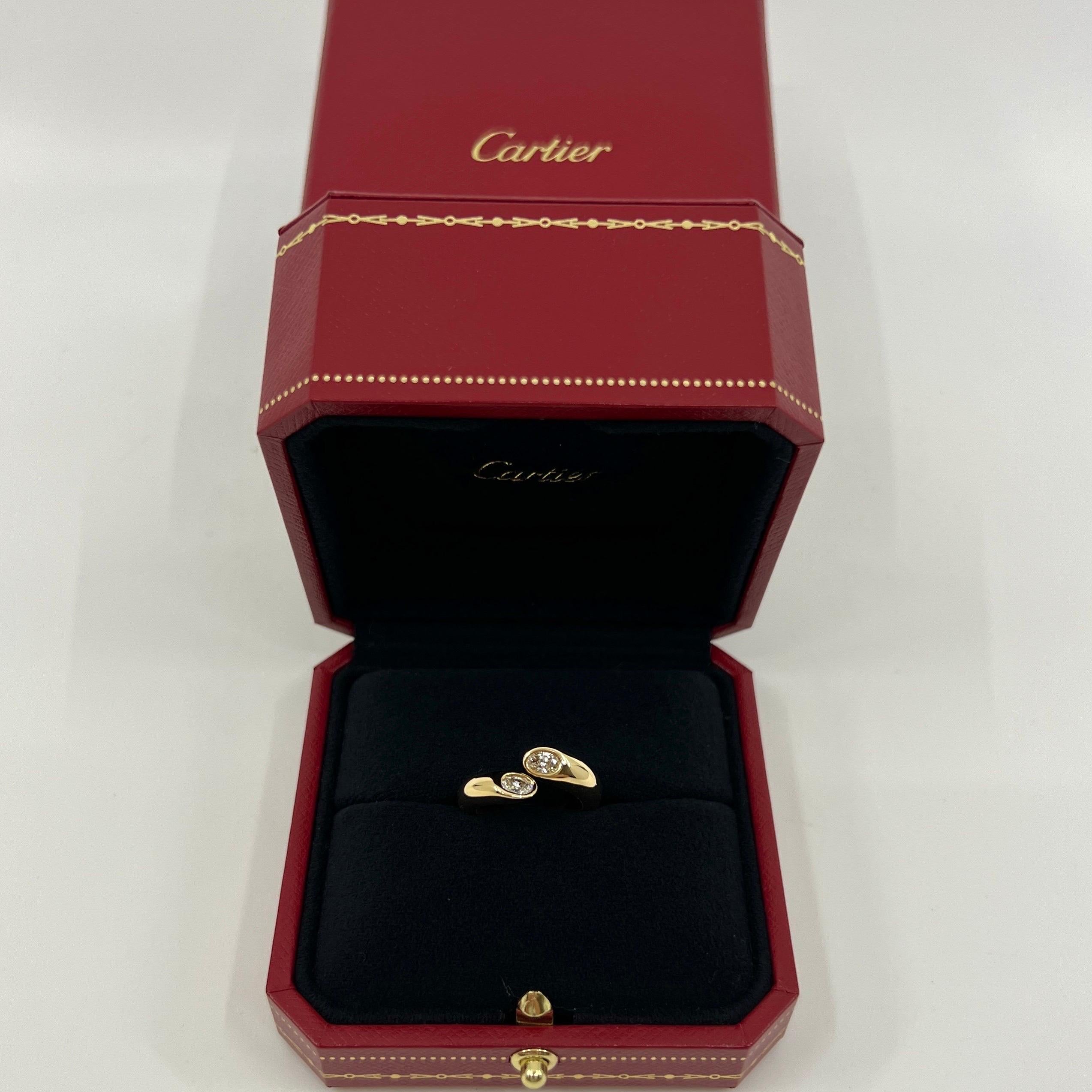 Vintage Cartier Oval Cut Natural Diamond 18k Gelbgold Split Bypass Ring.

Atemberaubender Ring aus Gelbgold, besetzt mit 2 feinen ovalen Diamanten im Brillantschliff. 
Edle Schmuckhäuser wie Cartier verwenden für ihre Stücke nur die feinsten