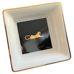 Rare cendrier vintage Cartier Panthère en porcelaine de Limoges avec mini plateau dans son coffret