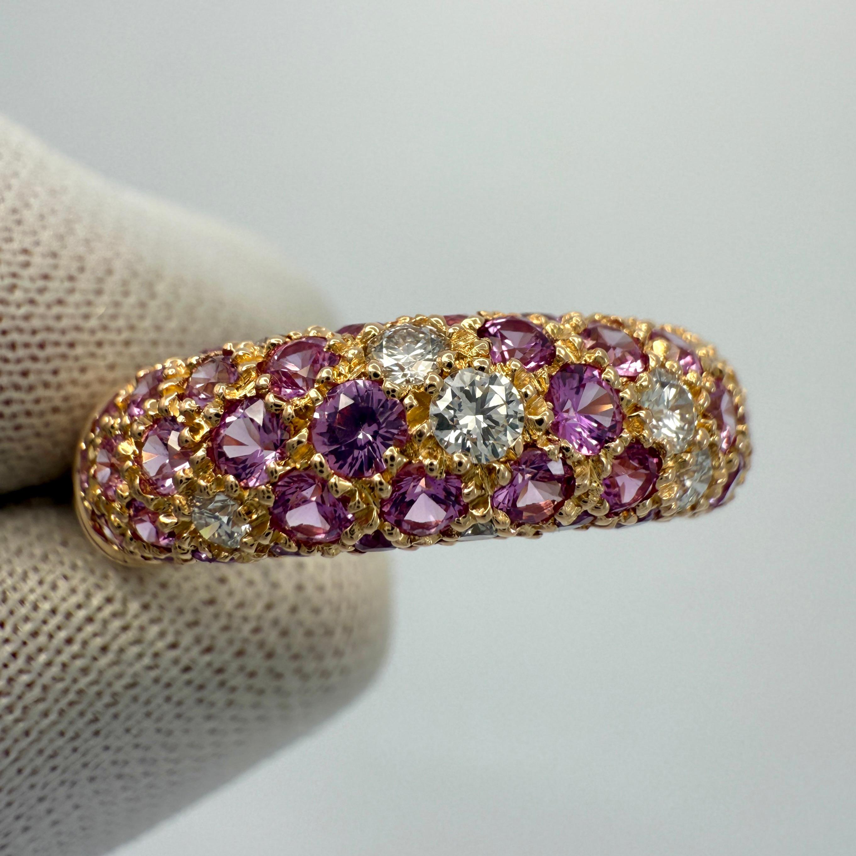 Round Cut Rare Vintage Cartier Pavé Pink Sapphire & Diamond 18k Rose Gold Band Dome Ring For Sale