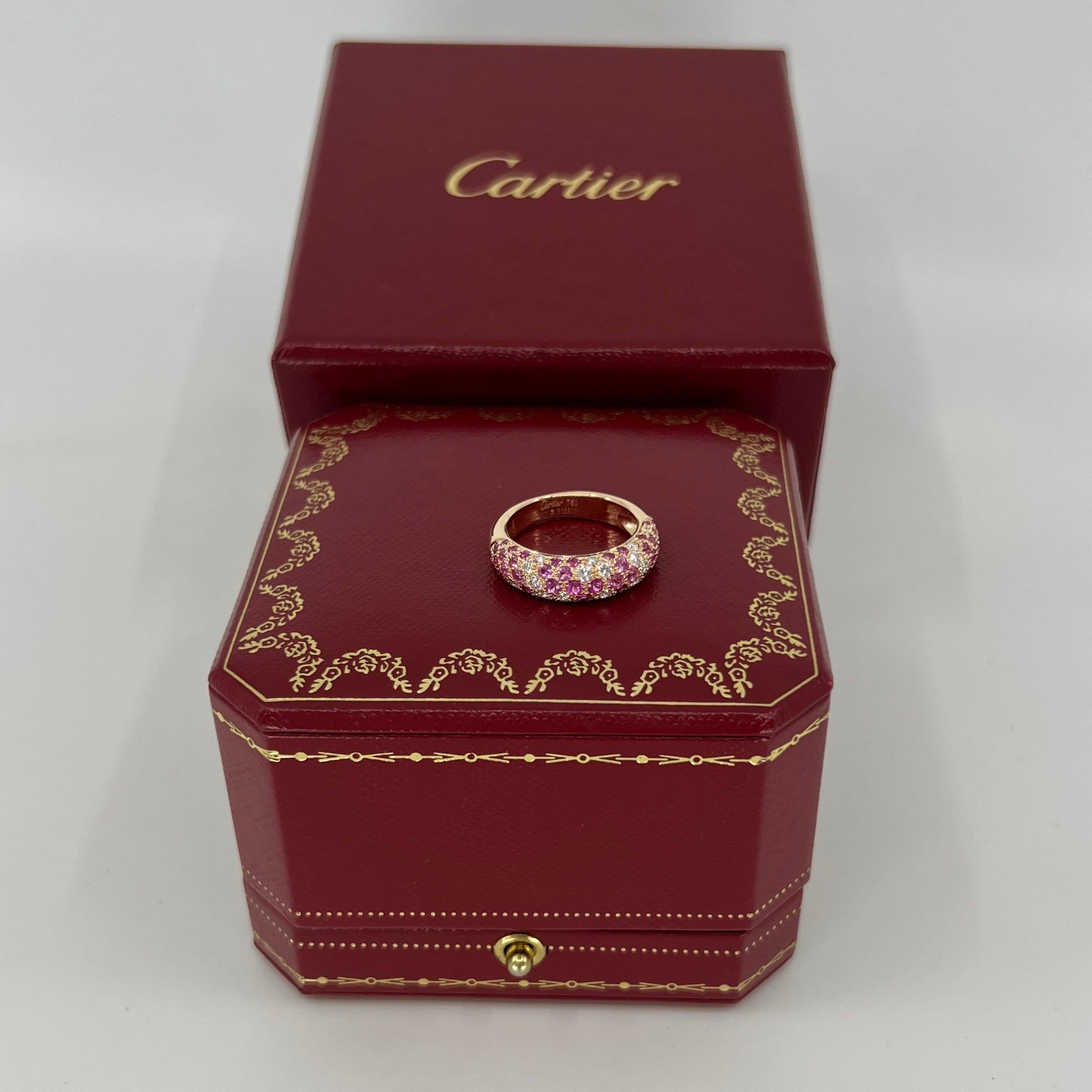 Rare Vintage Cartier Pavé Pink Sapphire & Diamond 18k Rose Gold Band Dome Ring In Excellent Condition In Birmingham, GB