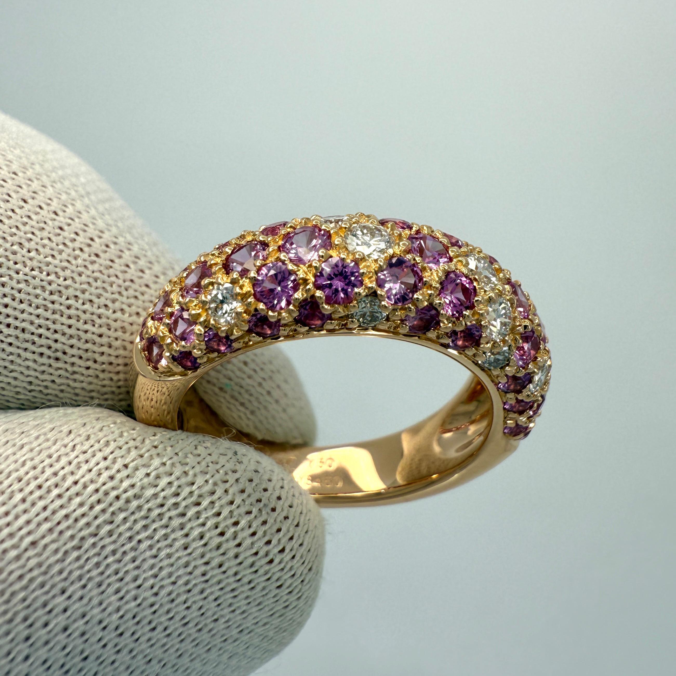 Rare Vintage Cartier Pavé Pink Sapphire & Diamond 18k Rose Gold Band Dome Ring In Excellent Condition For Sale In Birmingham, GB
