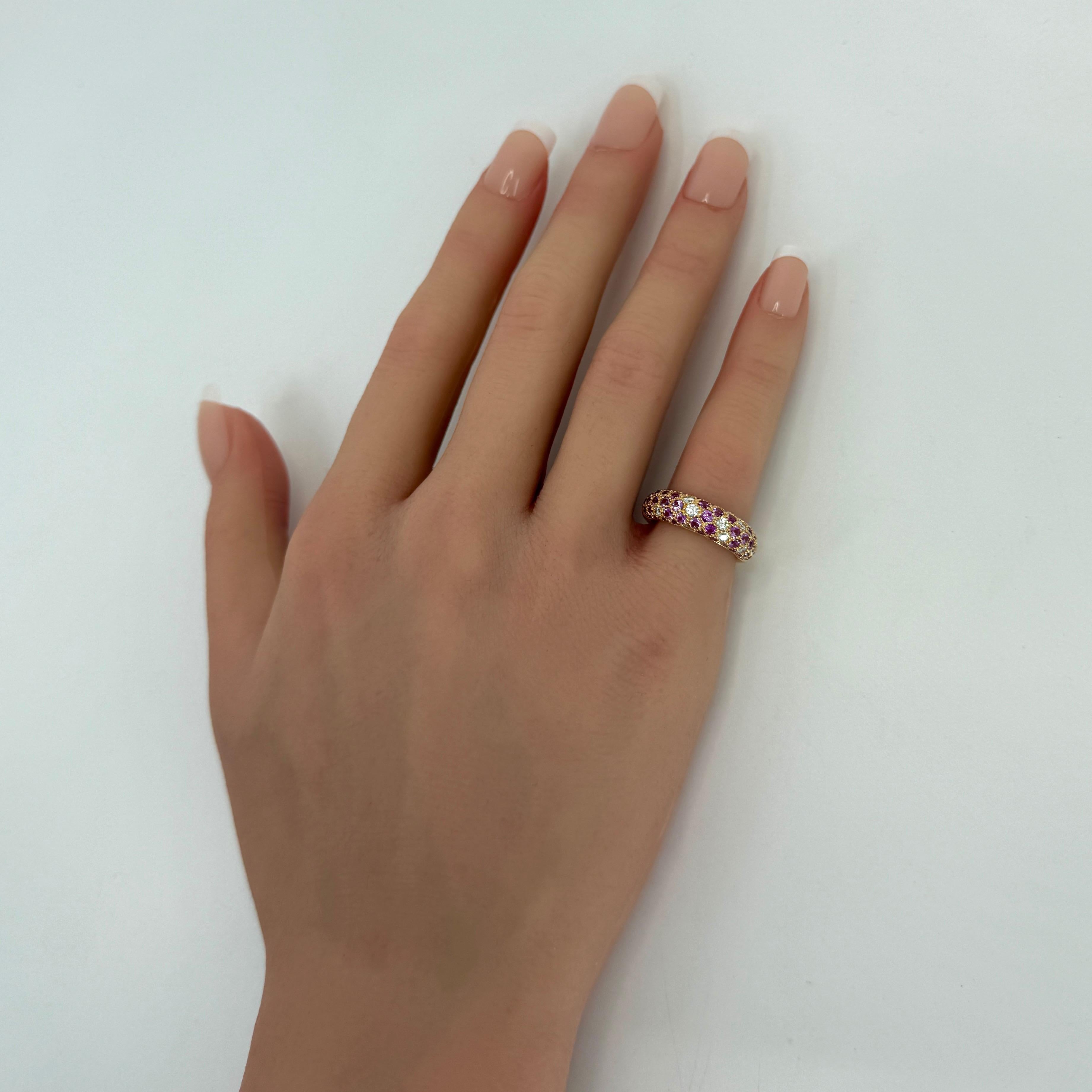 Women's or Men's Rare Vintage Cartier Pavé Pink Sapphire & Diamond 18k Rose Gold Band Dome Ring For Sale