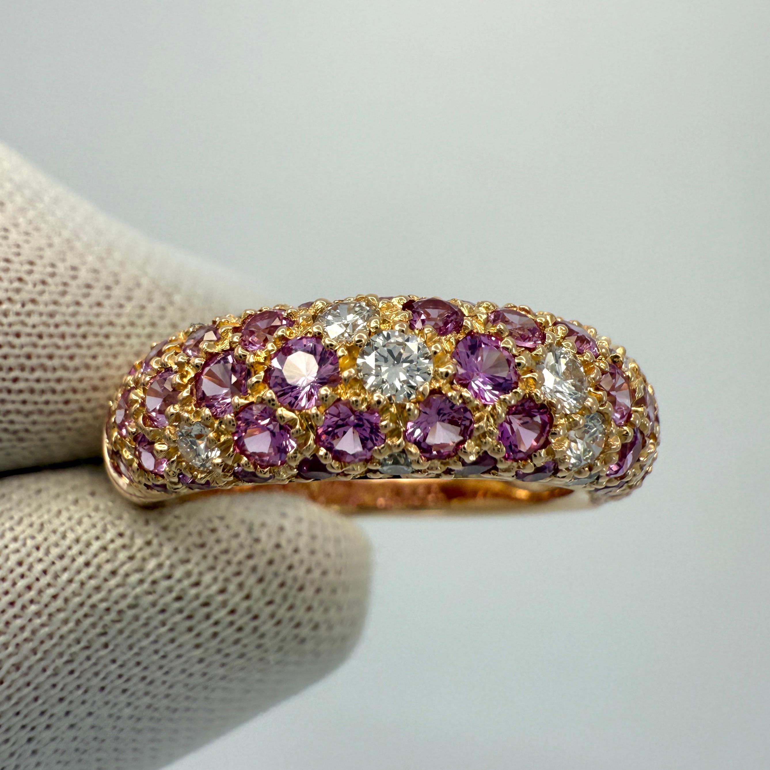 Rare Vintage Cartier Pavé Pink Sapphire & Diamond 18k Rose Gold Band Dome Ring For Sale 1