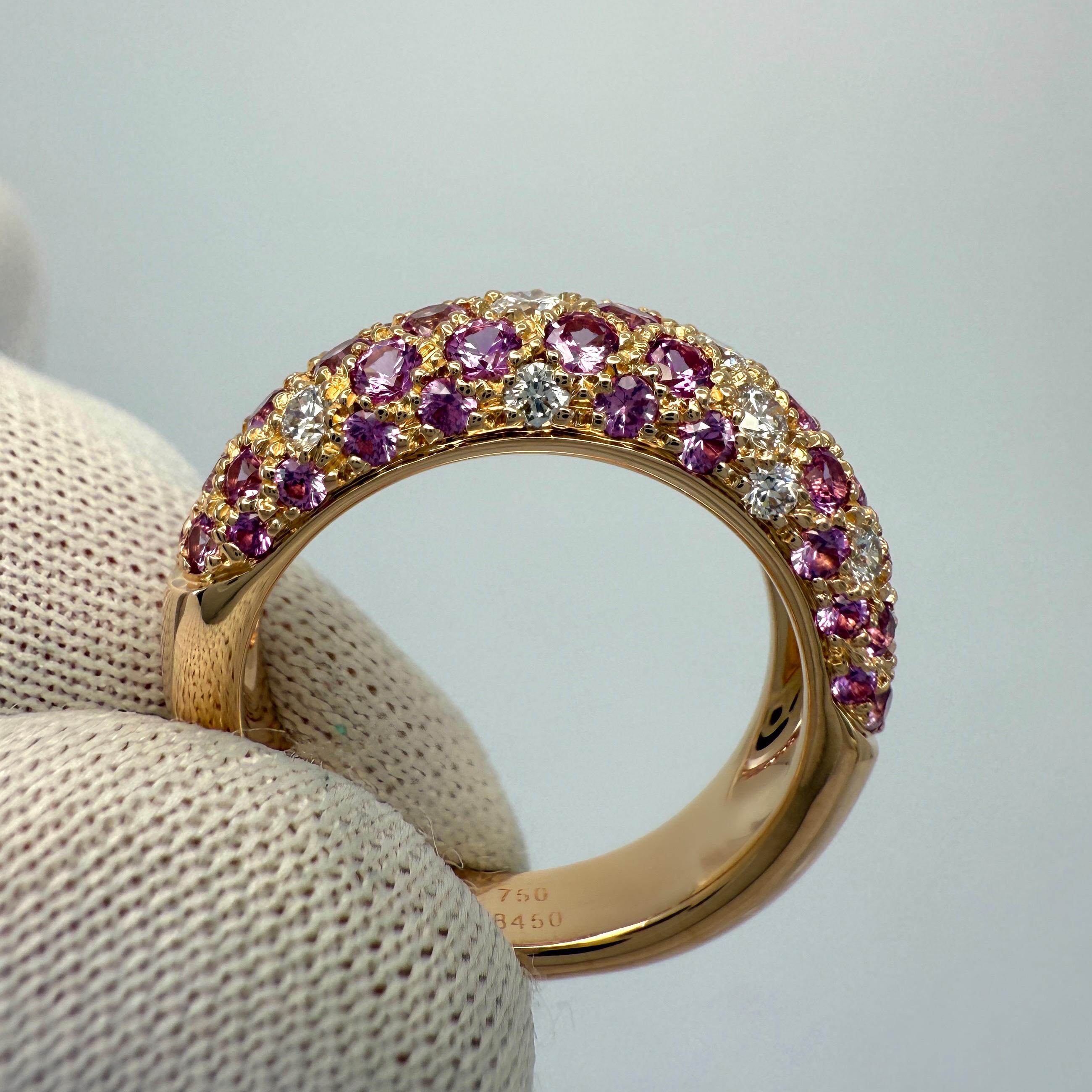 Rare Vintage Cartier Pavé Pink Sapphire & Diamond 18k Rose Gold Band Dome Ring For Sale 2
