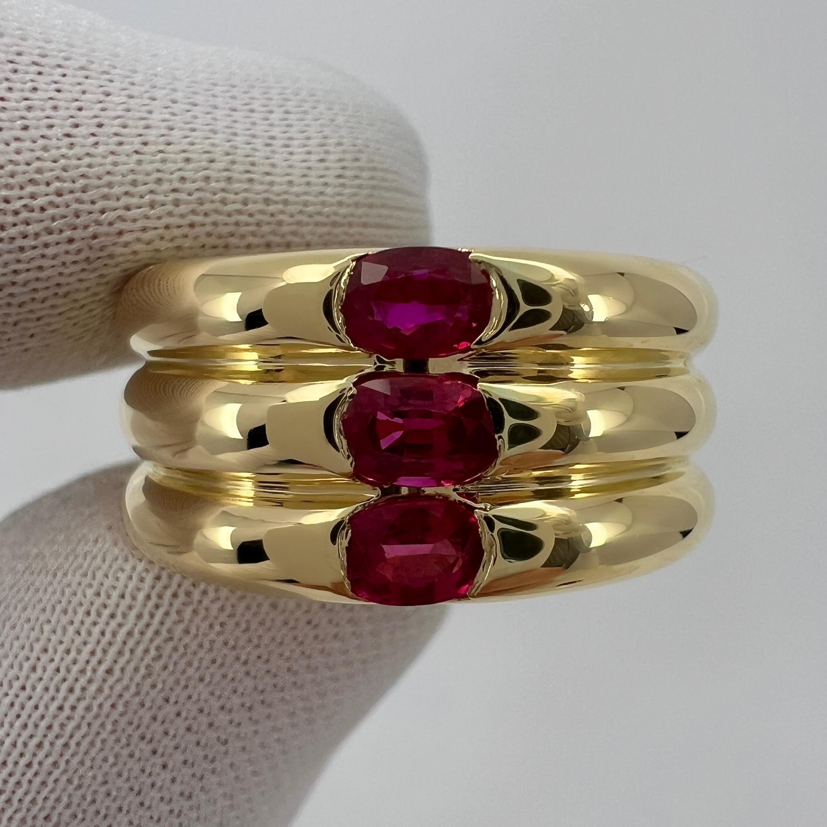 Rare Vintage Cartier Red Ruby Ellipse 18k Yellow Gold Three Stone Band Ring 53 5