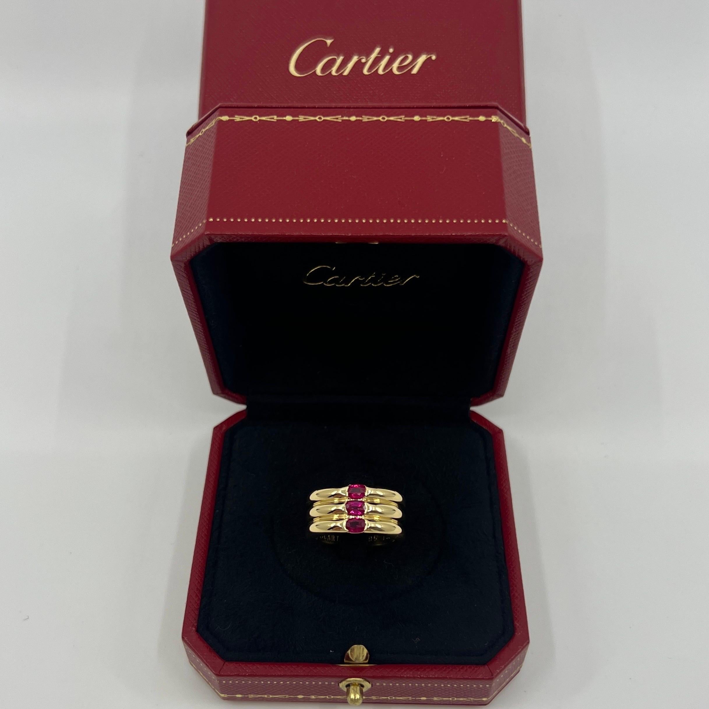 Rare Vintage Cartier Red Ruby Ellipse 18k Yellow Gold Three Stone Band Ring 53 For Sale 7