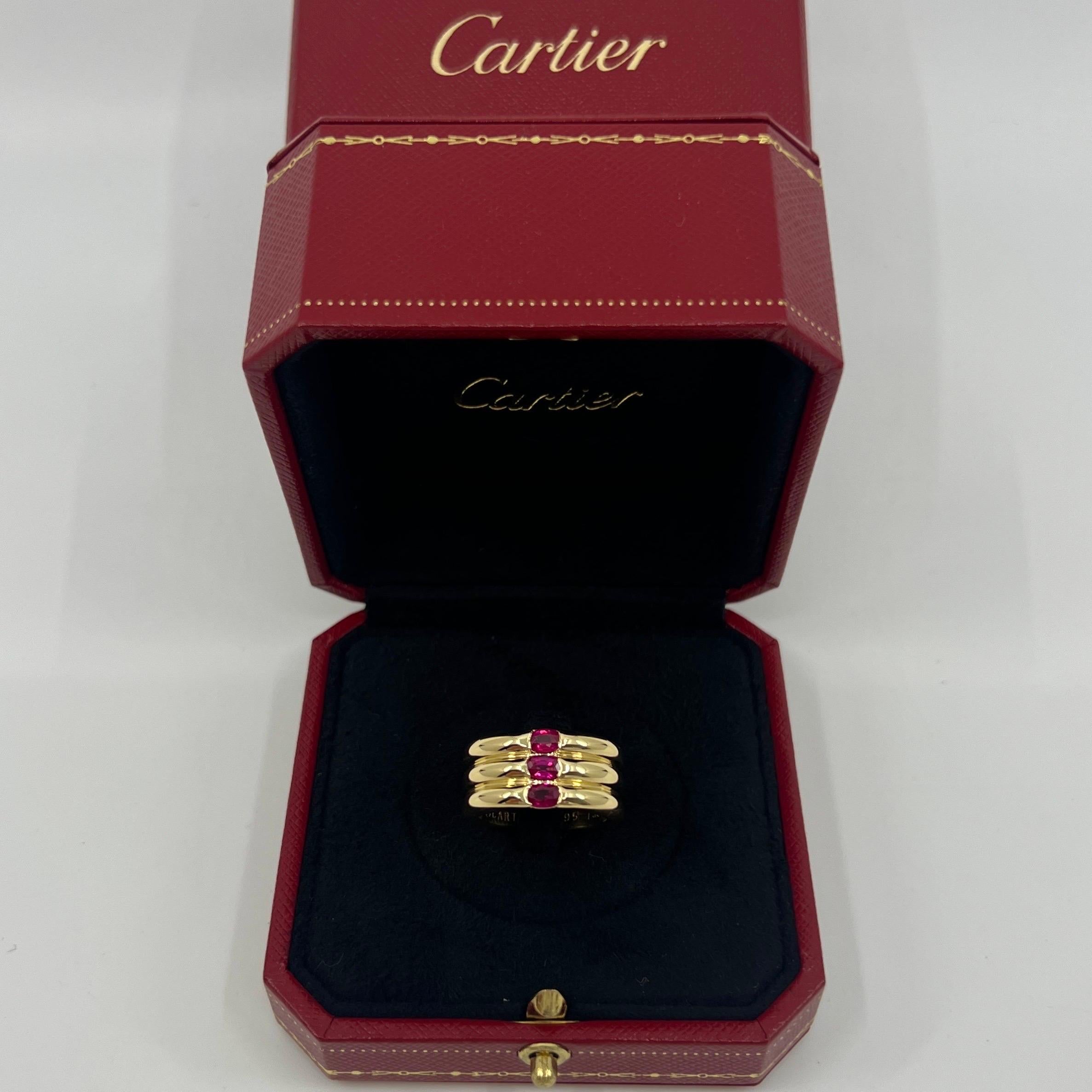 Rare Vintage Cartier Oval Cut Ruby 18k Yellow Gold Three Stone Band Ring.

Stunning yellow gold Cartier ring set with three fine vivid pinkish red rubies. Fine jewellery houses like Cartier only use the finest of gemstones and these rubies are no