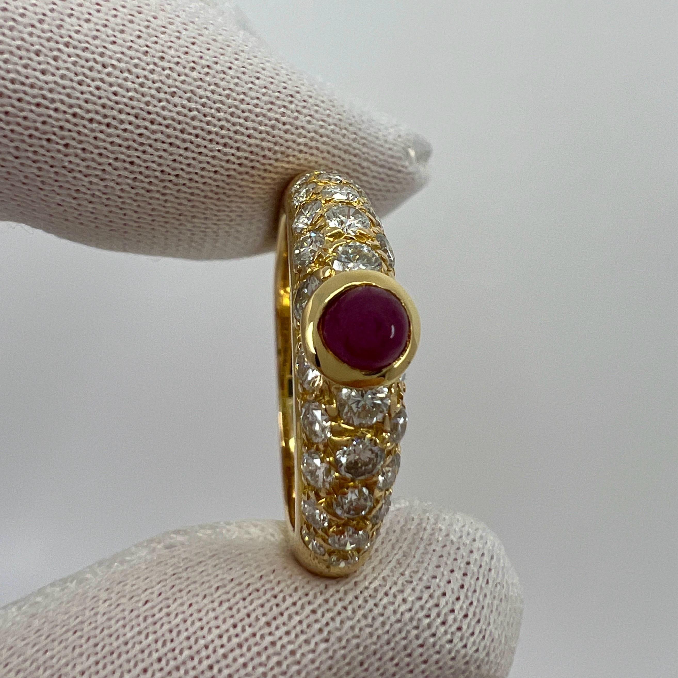 Women's or Men's Rare Vintage Cartier Round Ruby And Diamond Mimi 18k Yellow Gold Cabochon Ring 