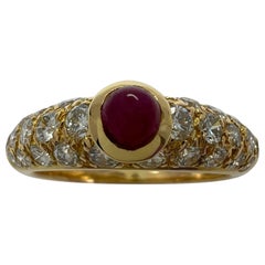 Rare Vintage Cartier Round Ruby And Diamond Mimi 18k Yellow Gold Cabochon Ring