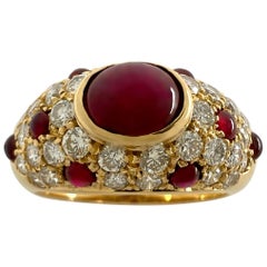 Rare Vintage Cartier Ruby And Diamond Mimi 18k Yellow Gold Oval Cabochon Ring