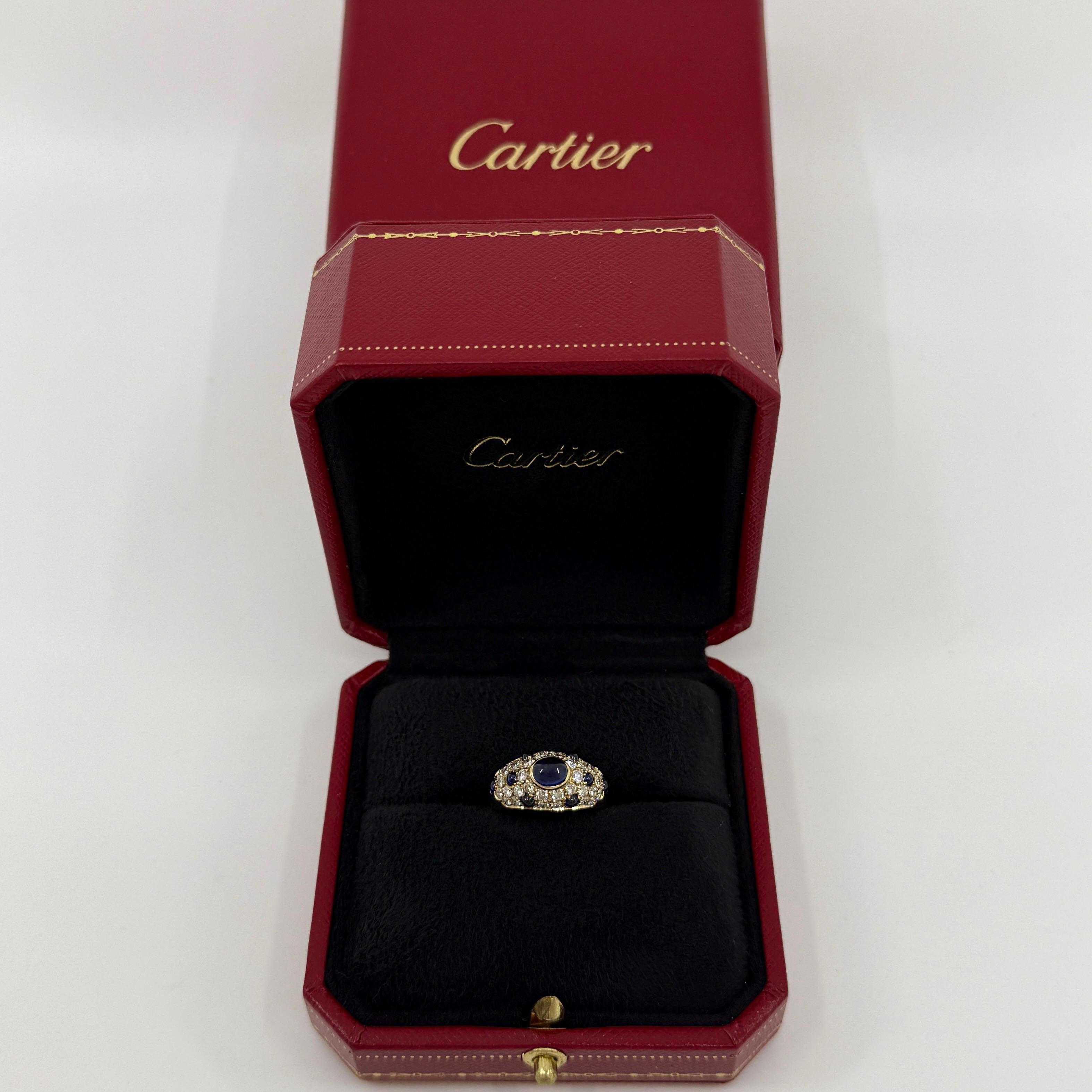 Rare Vintage Cartier Sapphire Diamond Mimi 18k Yellow Gold Oval Cabochon Ring 7