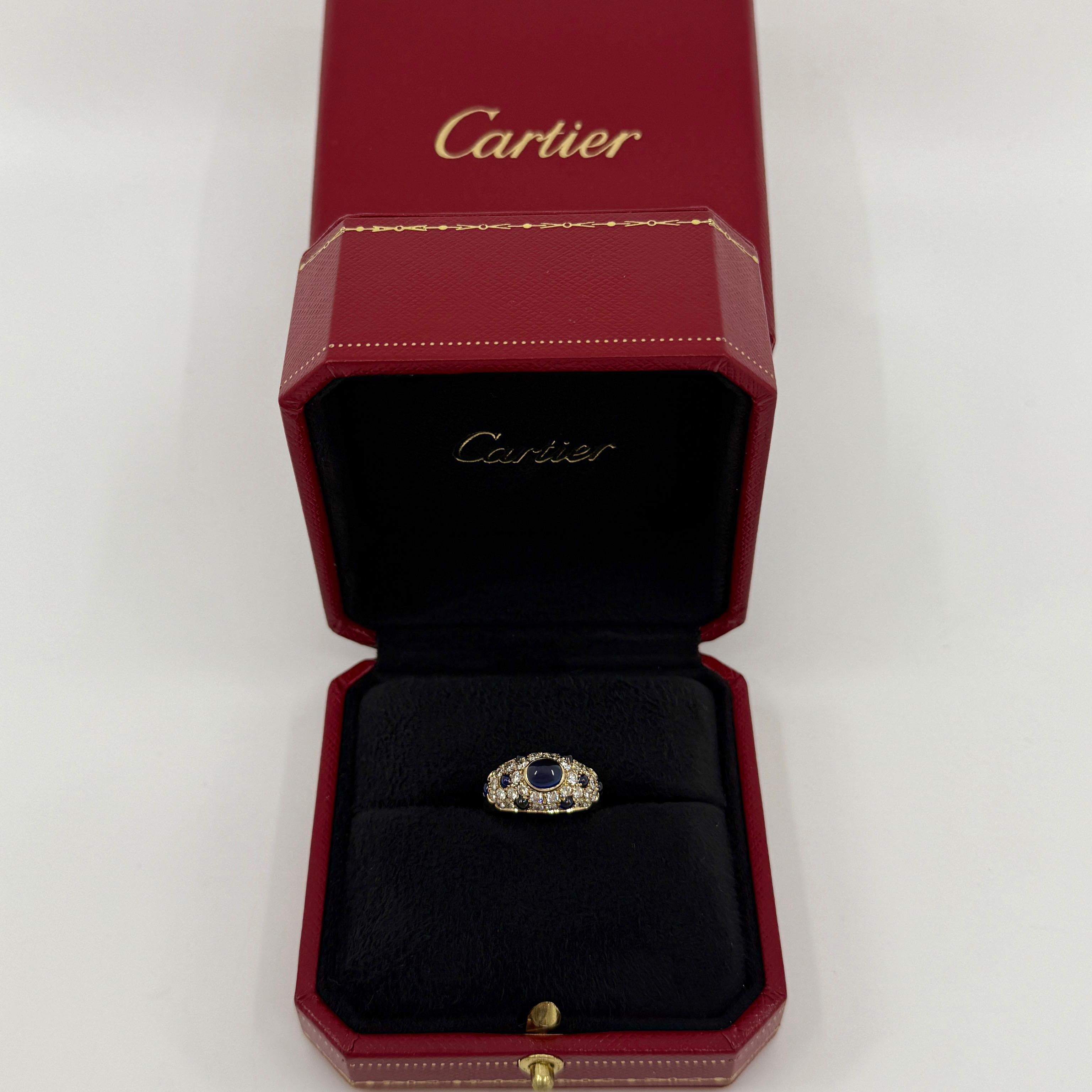 Vintage Cartier Sapphire And Diamond 18k Yellow Gold Mimi Dome Ring.

A very rare yellow gold Cartier ring set with a top grade sapphire with a deep blue colour and excellent oval cabochon cut. Measures 6.5x5.5 in bezel. The sapphire has very good