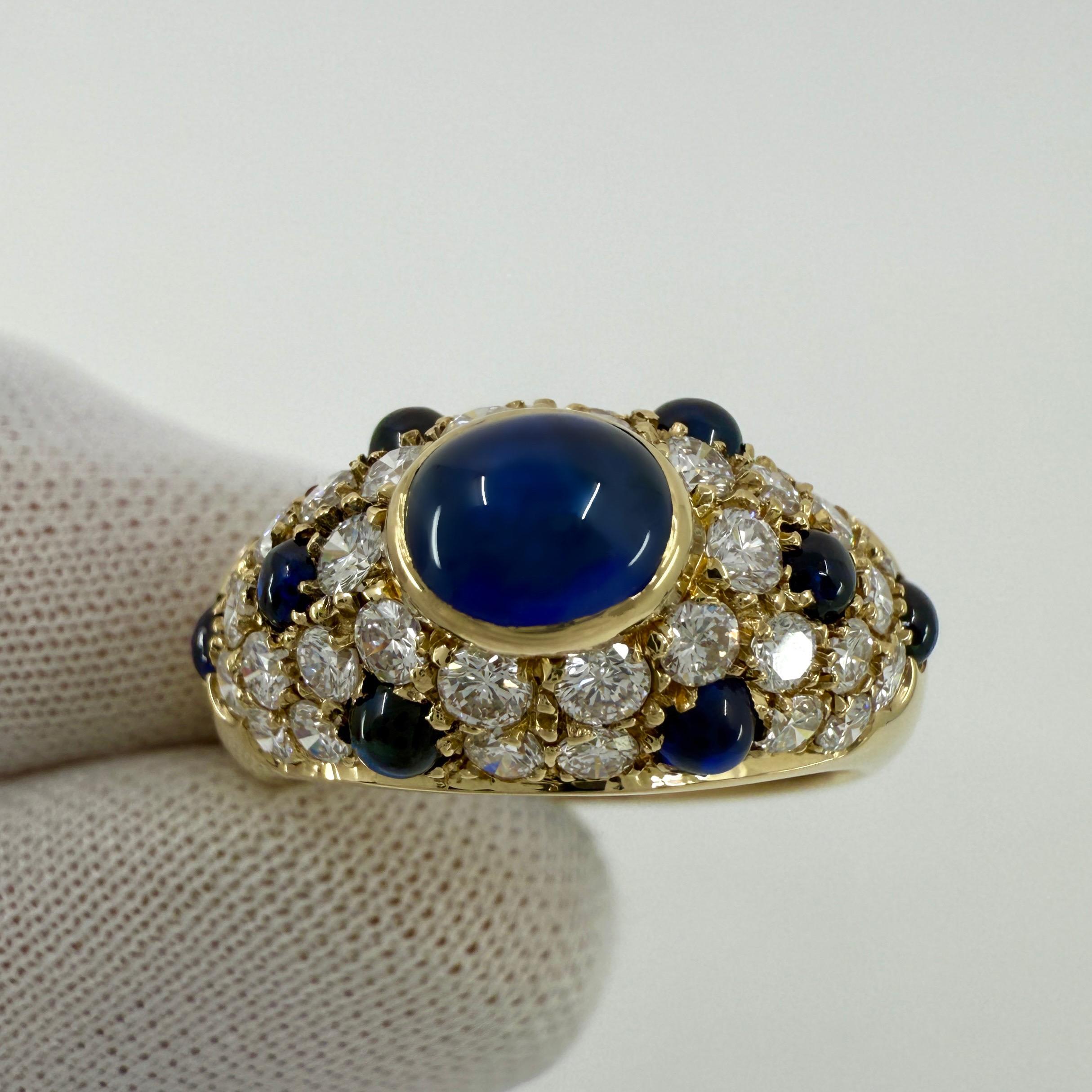 Rare Vintage Cartier Sapphire Diamond Mimi 18k Yellow Gold Oval Cabochon Ring In Excellent Condition In Birmingham, GB