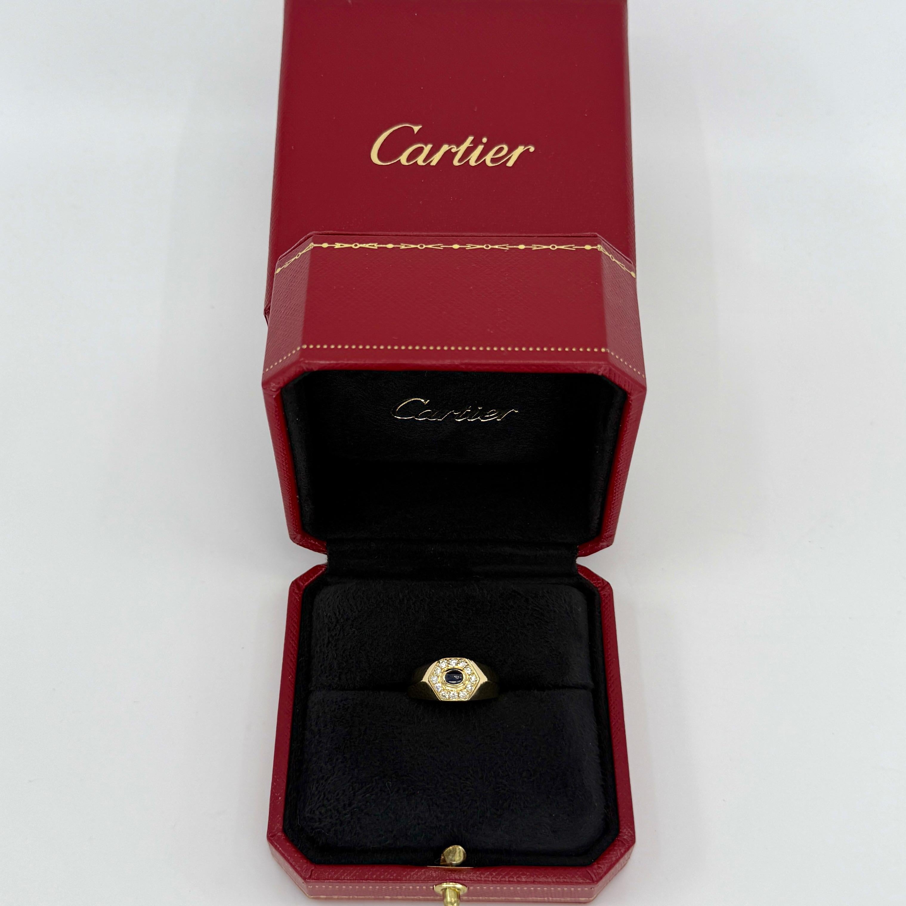 Rare Vintage Cartier Sapphire Diamond Mimi 18k Gold Hexagonal Signet Style Ring For Sale 5