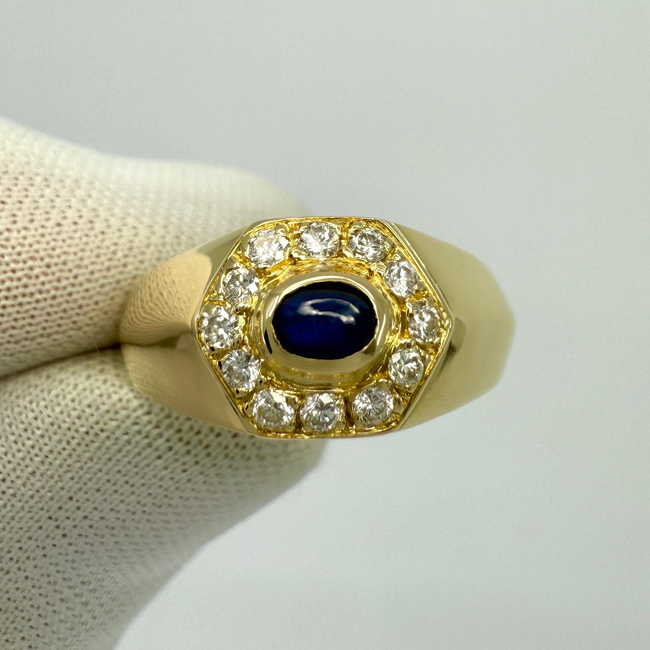 Cabochon Rare Vintage Cartier Sapphire Diamond Mimi 18k Gold Hexagonal Signet Style Ring For Sale