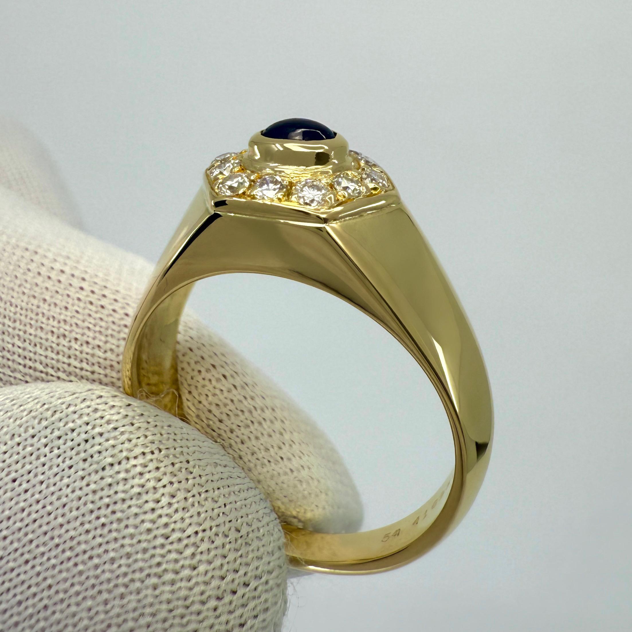 Women's or Men's Rare Vintage Cartier Sapphire Diamond Mimi 18k Gold Hexagonal Signet Style Ring For Sale