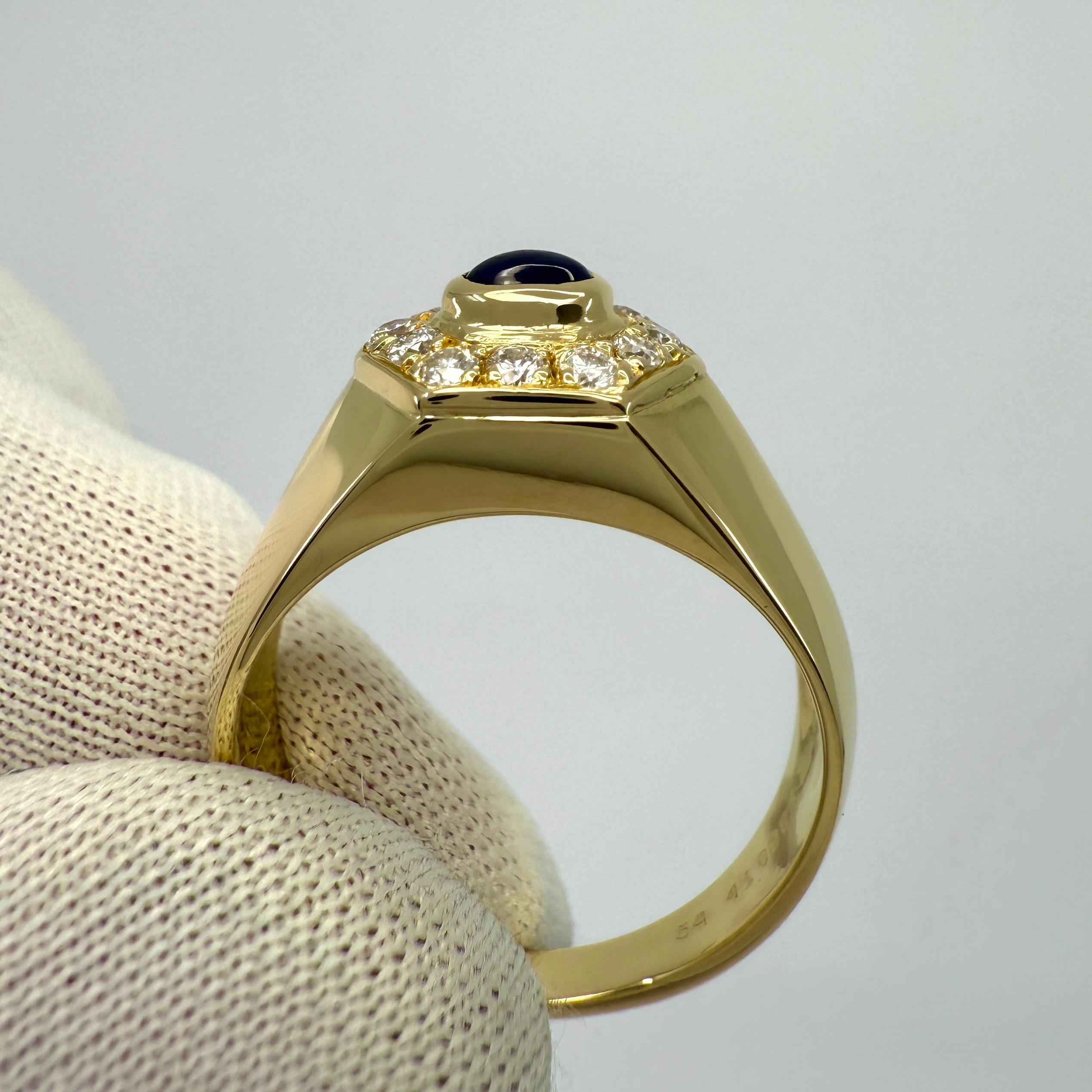 Rare Vintage Cartier Sapphire Diamond Mimi 18k Gold Hexagonal Signet Style Ring For Sale 1